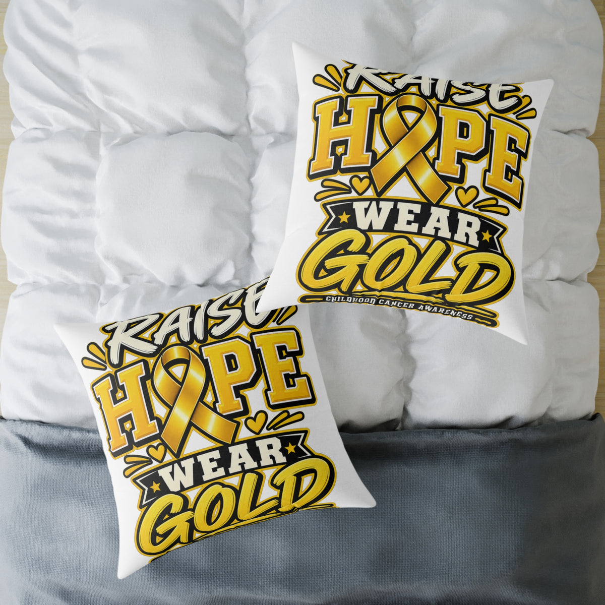 Raise Hope Wear Gold Pillow — Childhood Cancer Awareness Decorative Throw Pillow