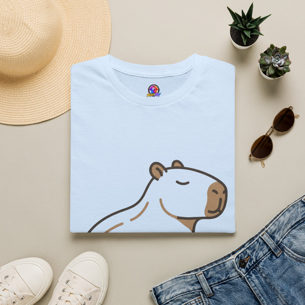 Cute Relaxed Capybara T-Shirt — Minimal Cartoon Capybara Graphic Tee