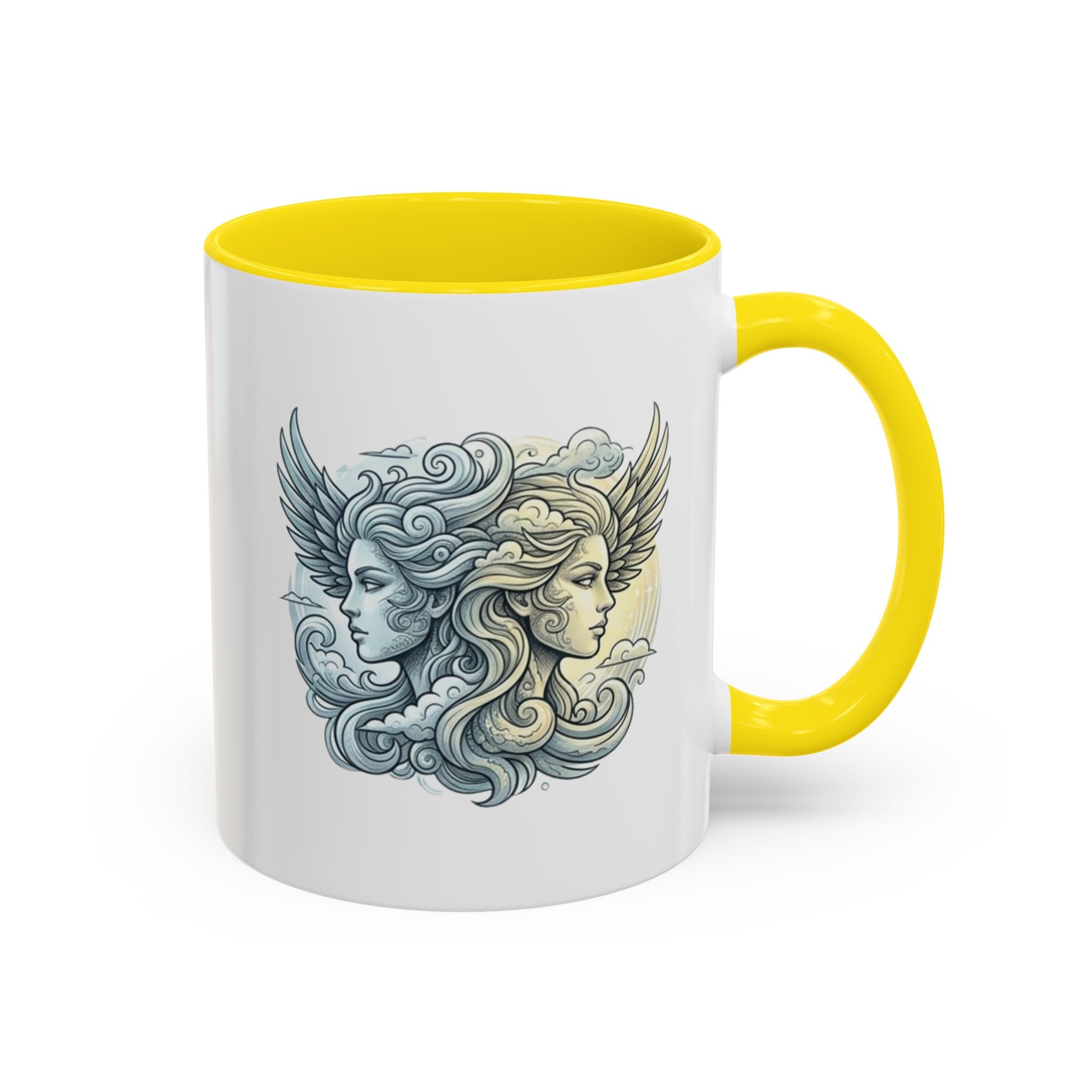 Gemini Twins Accent Coffee Mug — Sun & Moon Winged Faces Illustration