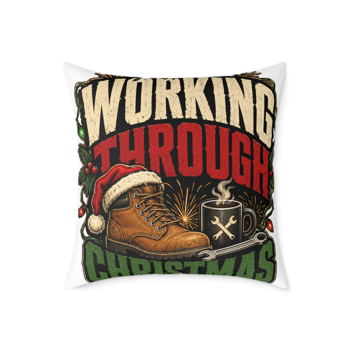 Working Through Christmas Modern Day Christmas Decorative Pillow — Holiday Boot & Coffee Throw Pillow