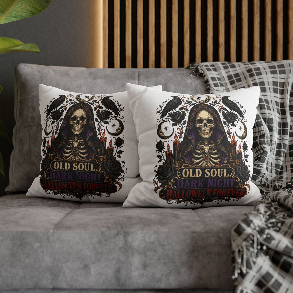 Halloween Skull Pillowcase — "Old Soul Dark Night" Spun Polyester Square Pillow