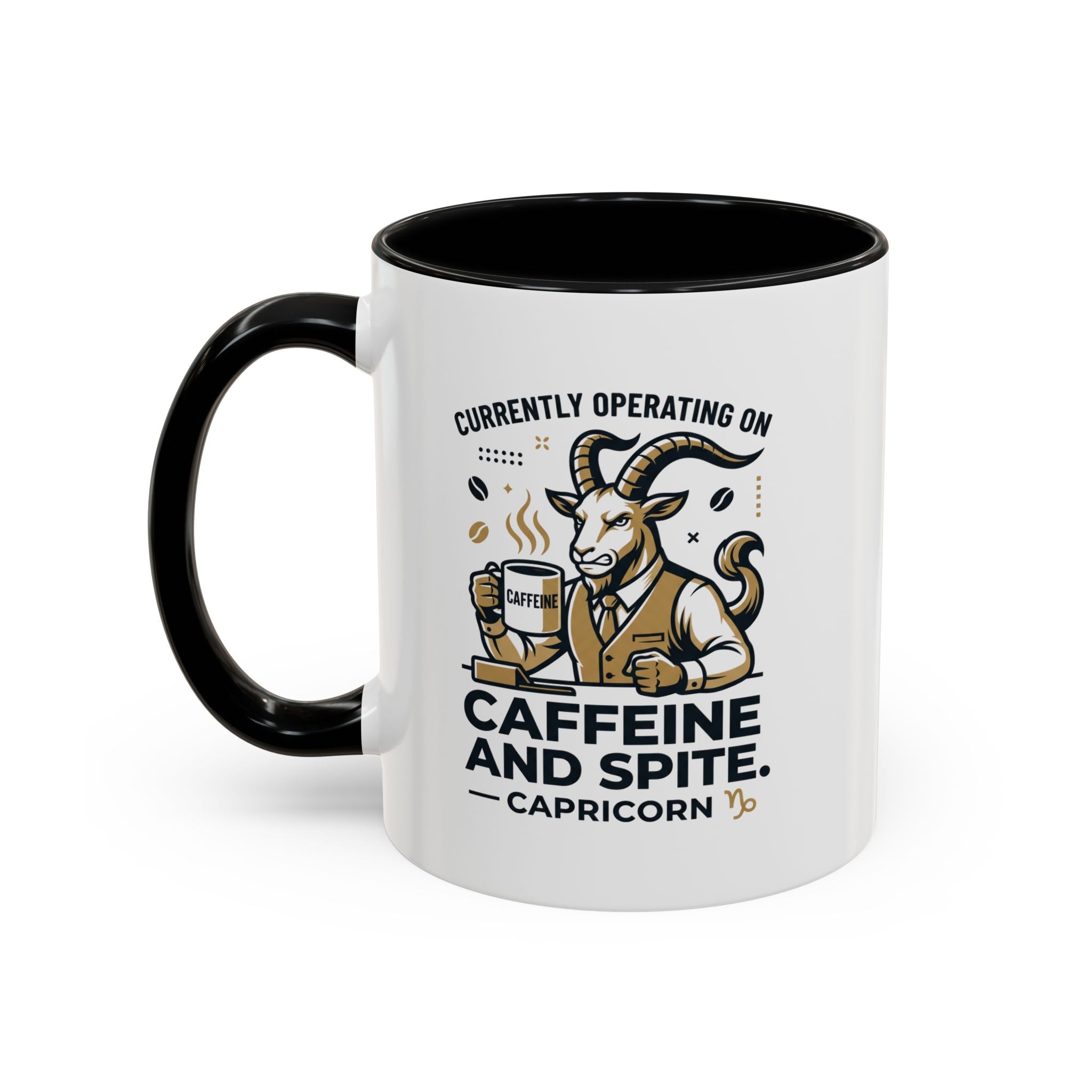 Capricorn Coffee Mug — “Currently Operating on Caffeine and Spite” Accent Mug (11/15oz)