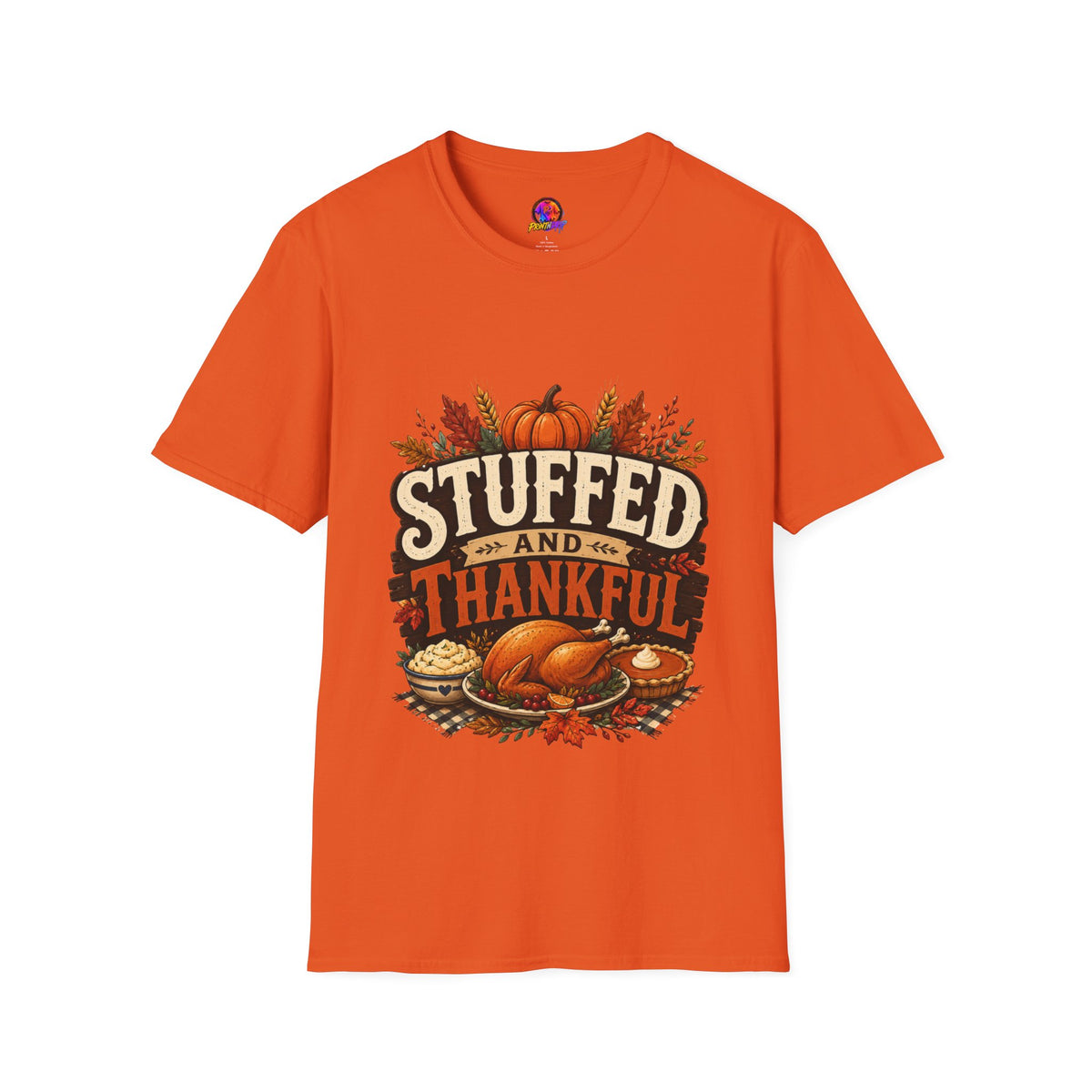 Thanksgiving T-Shirt Stuffed and Thankful T-Shirt — Thanksgiving Pumpkin Fall Graphic Tee