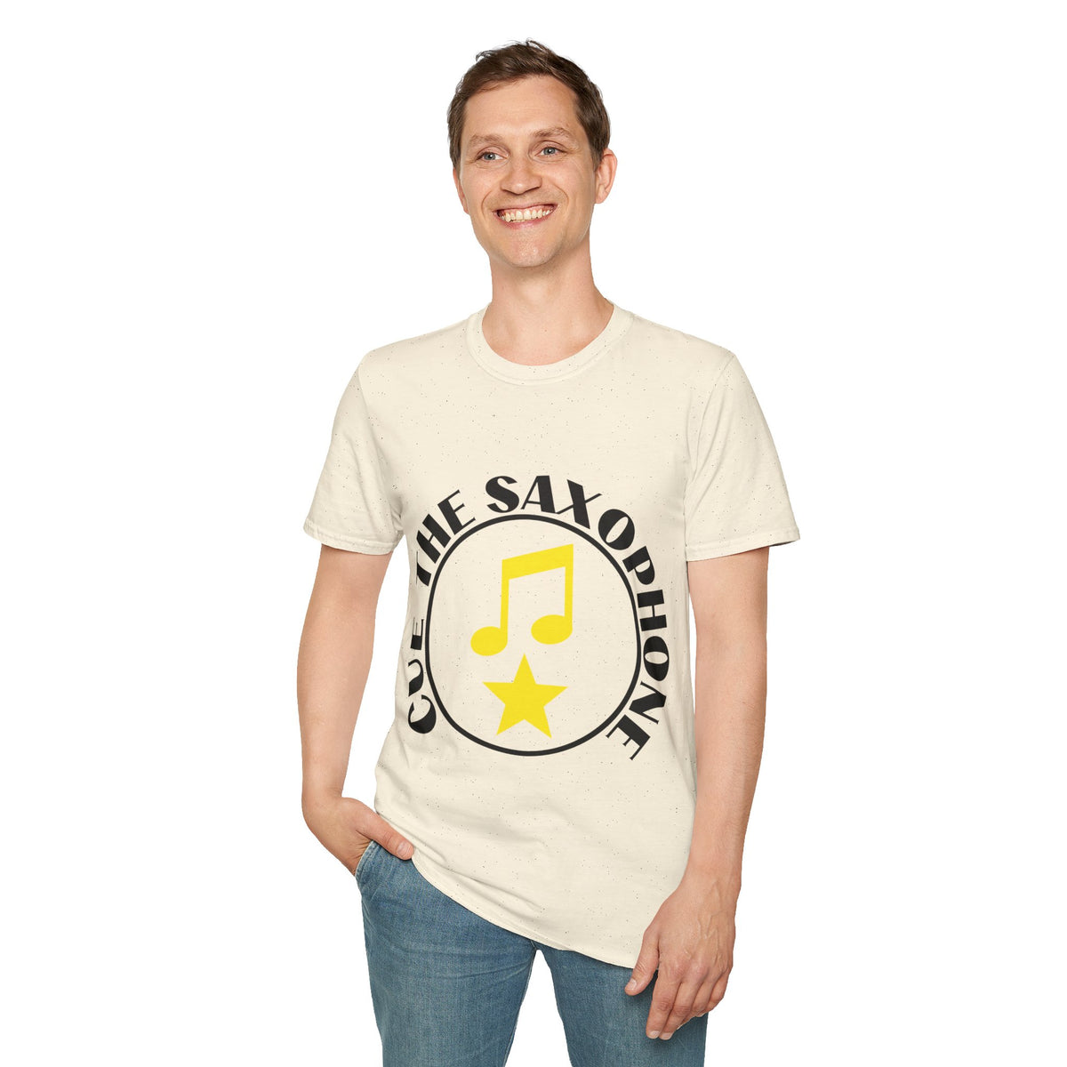 Cue The Saxophone Yellow Badge Tee - Funny Retro Music Slogan Graphic T-Shirt - Trending Now - September 2026