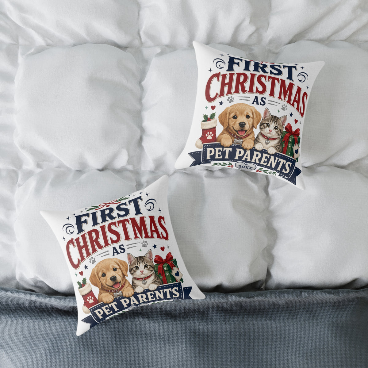 Christmas Square Pillow — "First Christmas as Pet Parents" Holiday Throw Pillow (Dog & Cat)