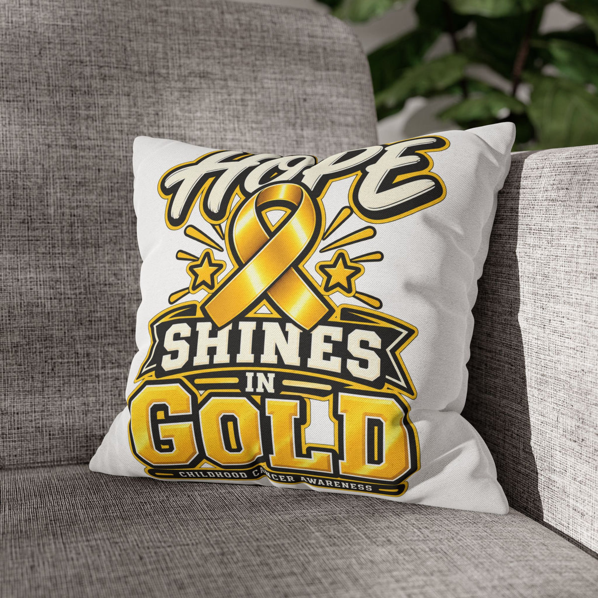 Hope Shines in Gold Pillowcase — Childhood Cancer Awareness Ribbon Decorative Pillow