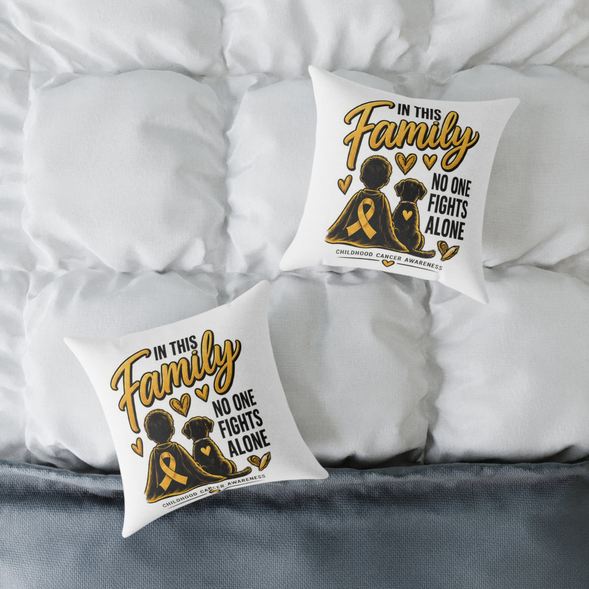 Childhood Cancer Awareness Square Pillow — "In This Family No One Fights Alone"