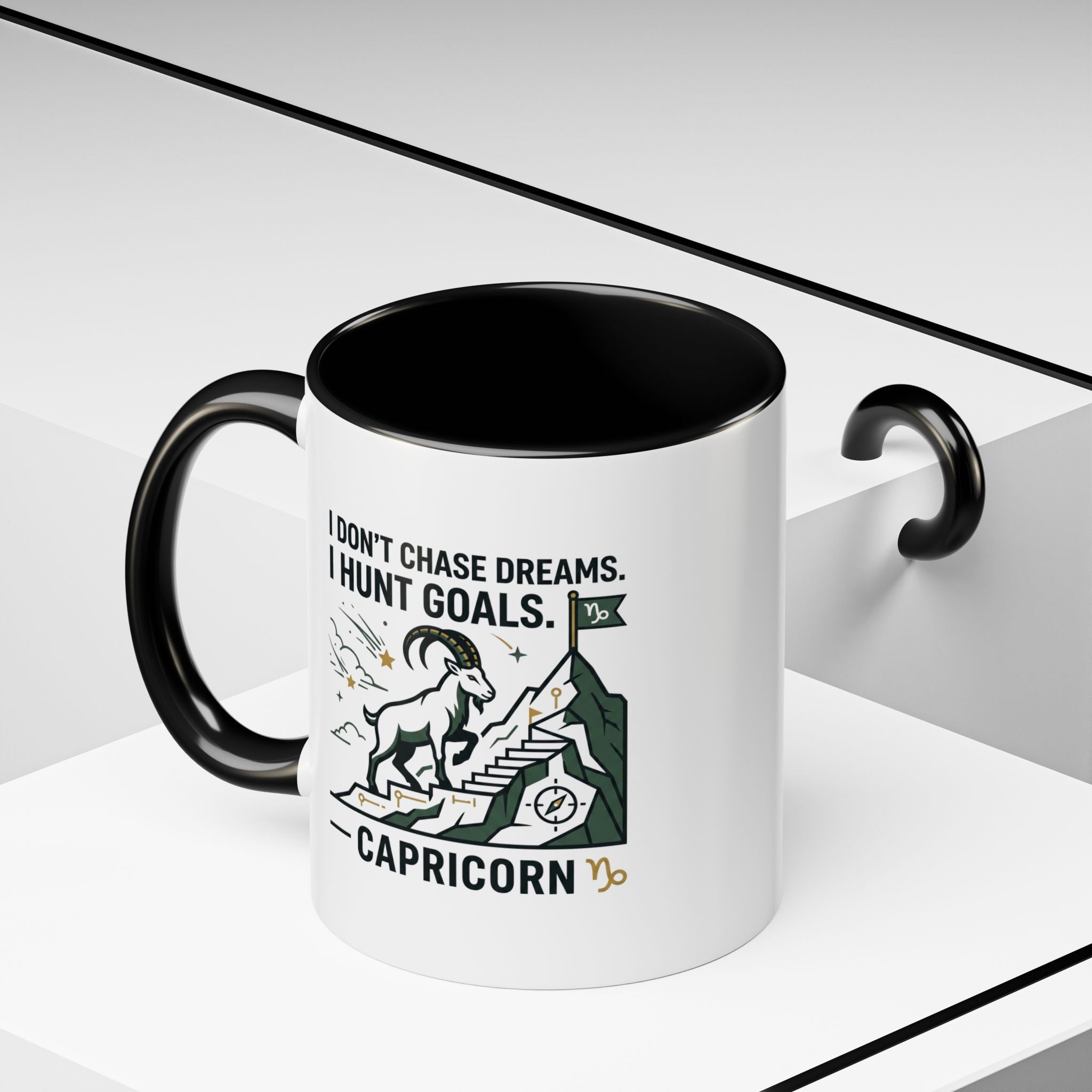 Capricorn Coffee Mug — “I Don't Chase Dreams, I Hunt Goals” Zodiac Accent Mug
