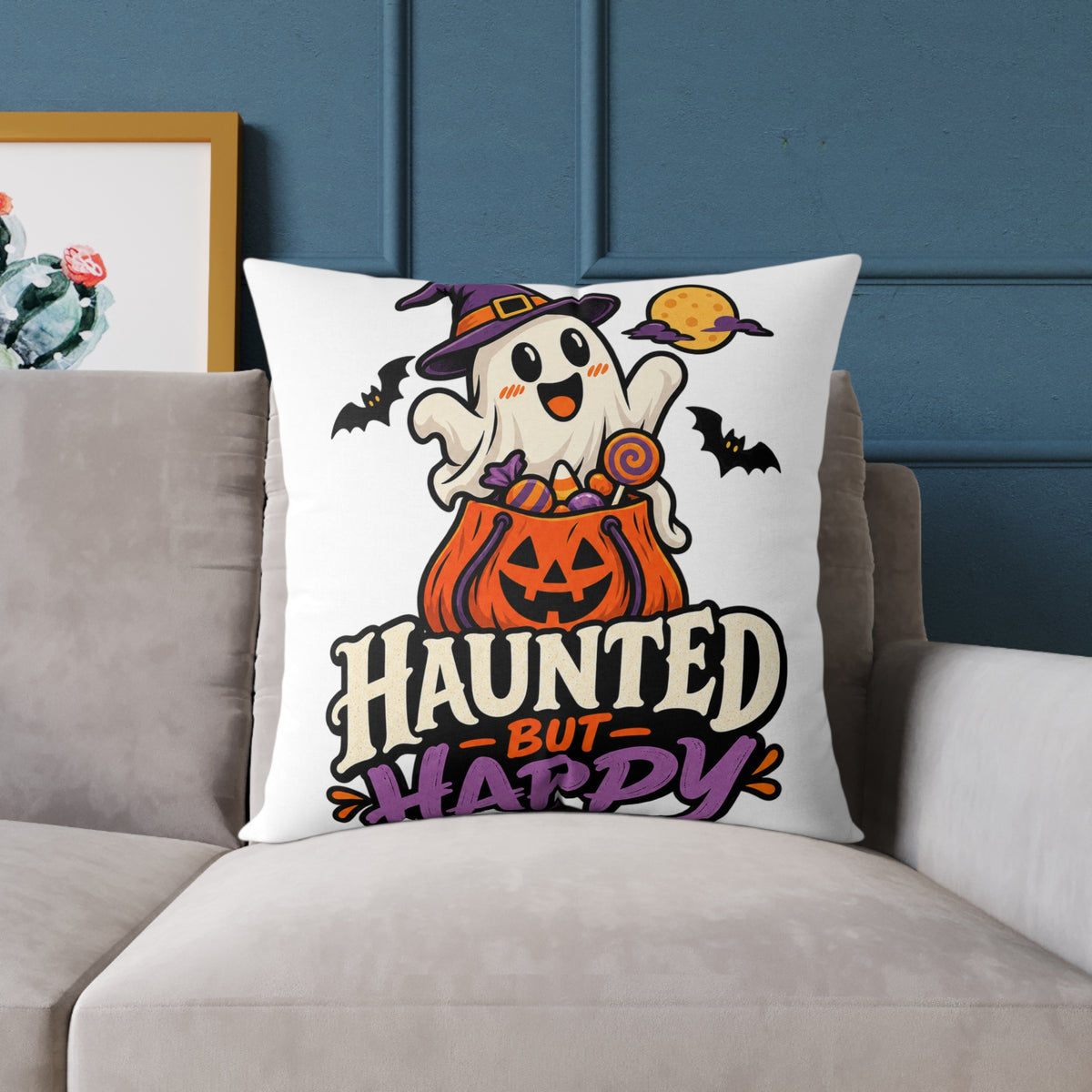 Halloween Ghost Pumpkin Pillow — "Haunted But Happy" Square Throw Pillow