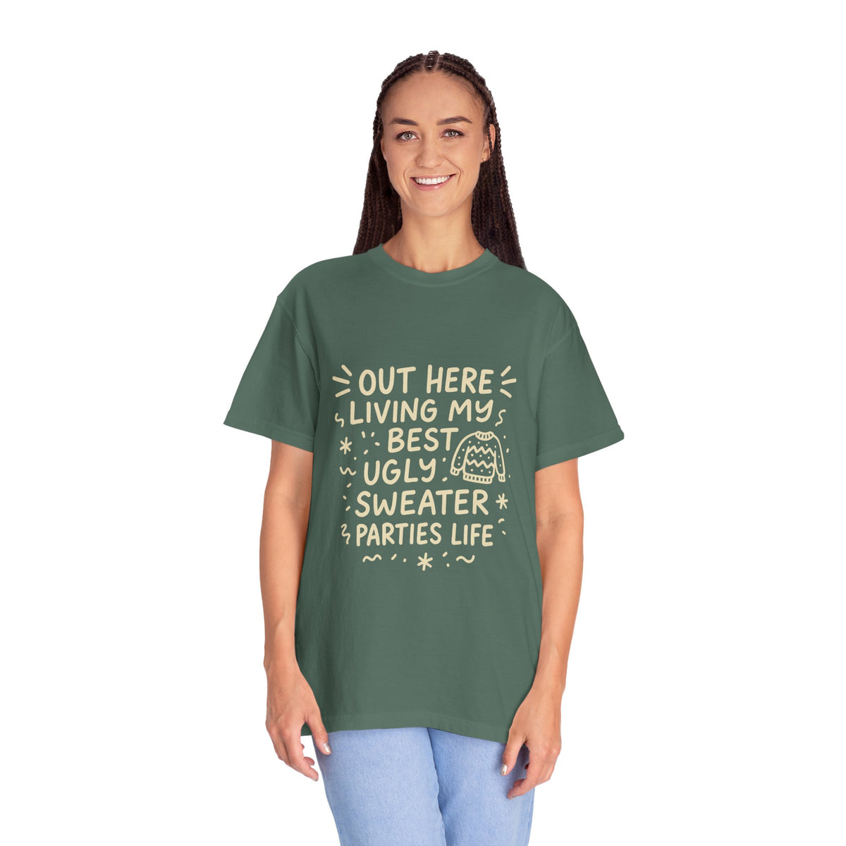 Out Here Living My Best Ugly Sweater Parties Life T-Shirt - Trending Now - October 2026