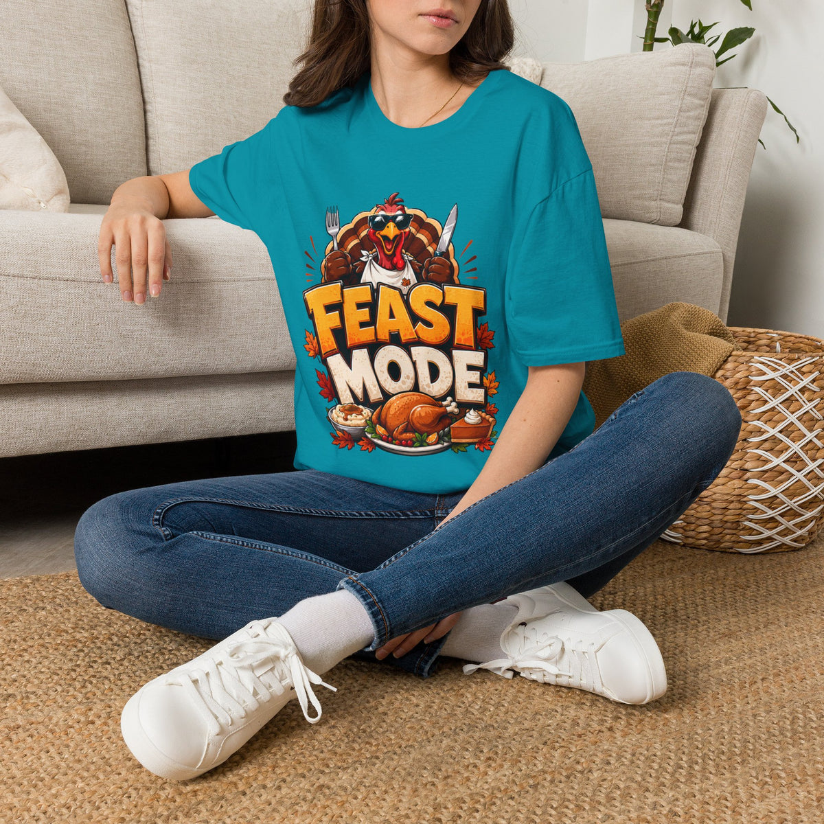 Thanksgiving T-Shirt Feast Mode T-Shirt — Funny Thanksgiving Turkey Graphic Tee