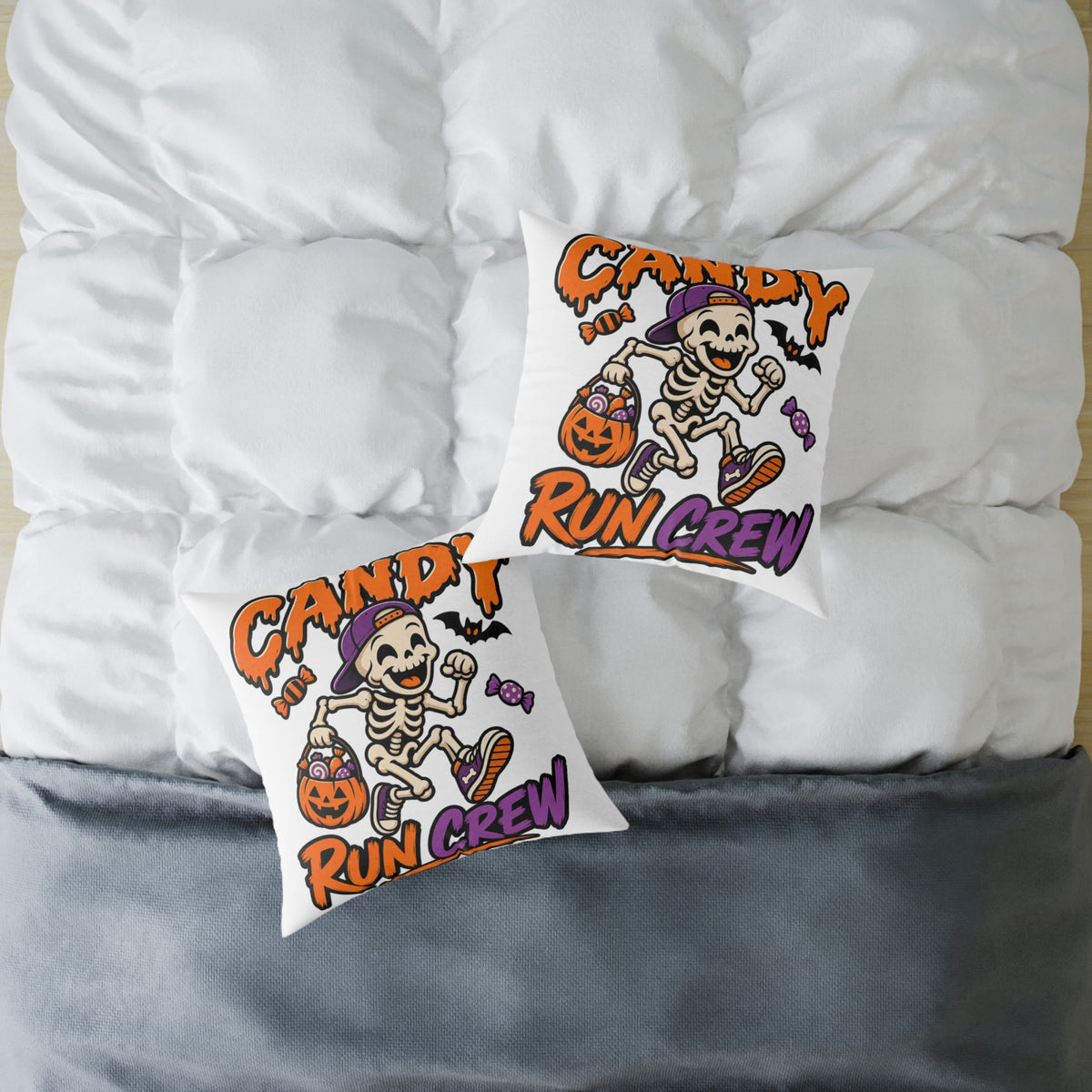 Candy Run Crew Halloween Pillow — Skeleton Trick-or-Treat Decorative Throw Pillow