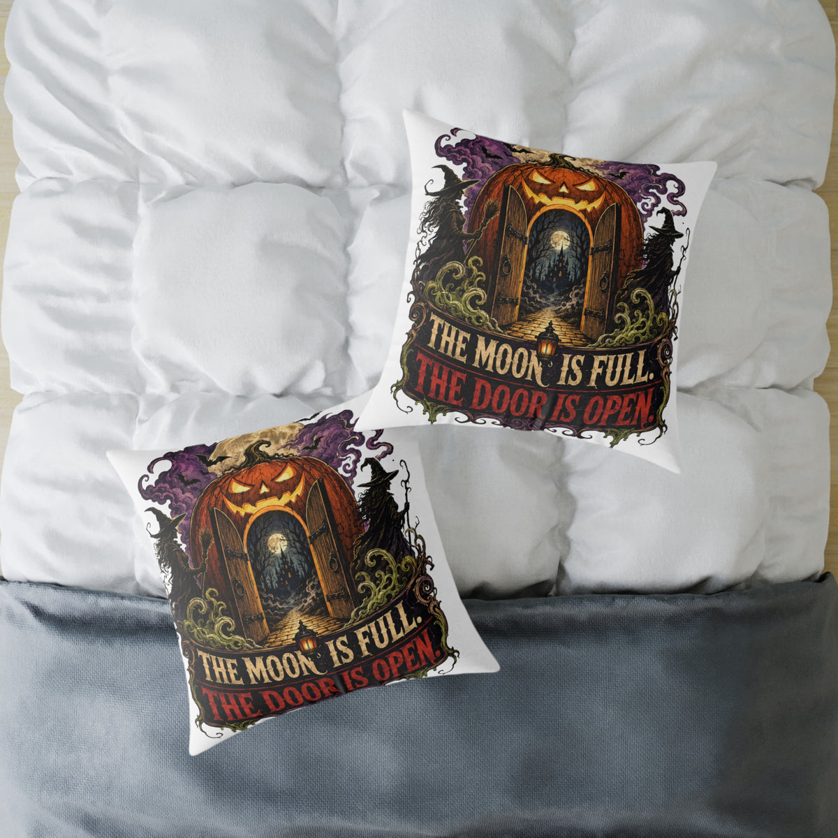 Halloween Pumpkin Door Pillow — "The Moon Is Full, The Door Is Open" Decorative Throw Pillow
