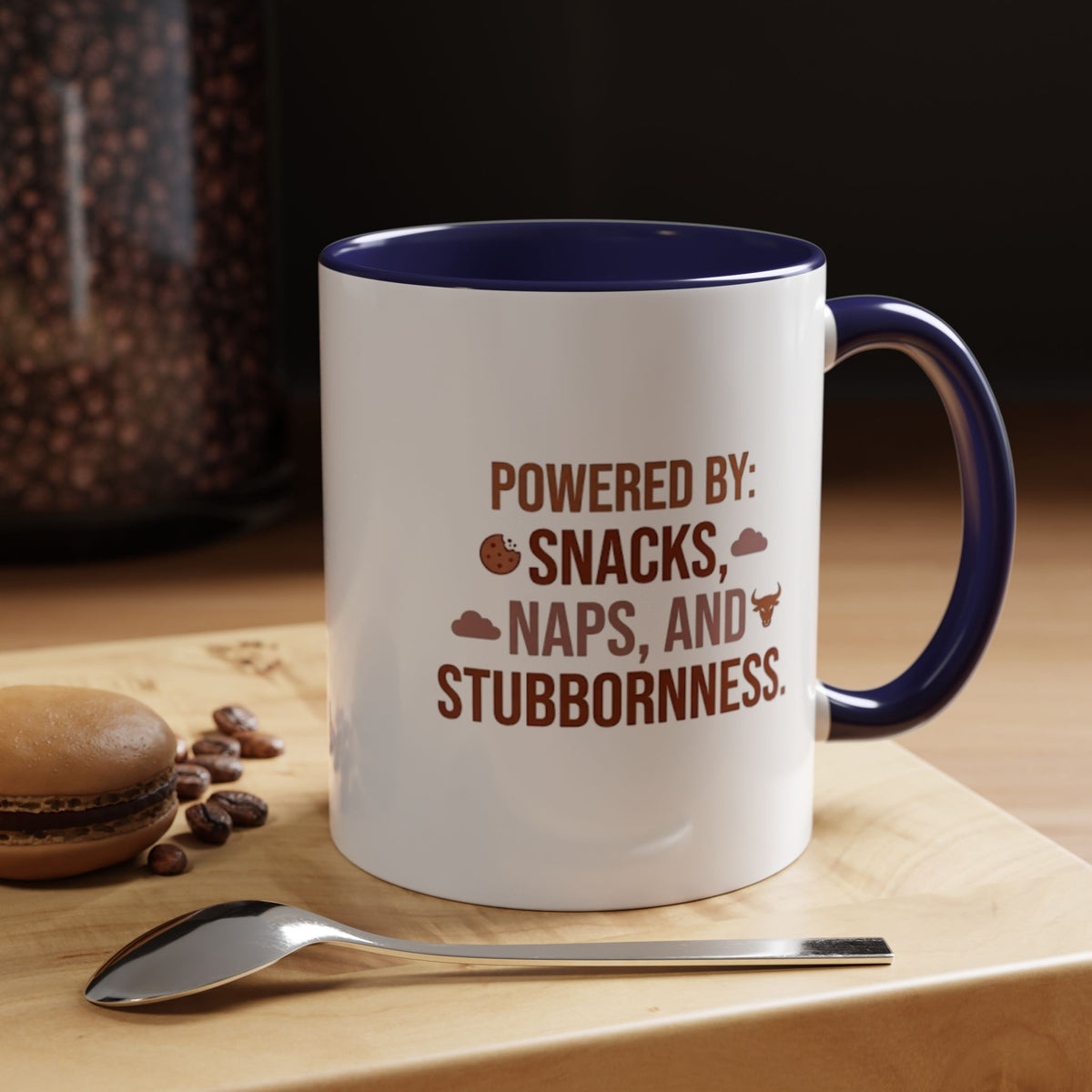 Taurus Coffee Mug - "Powered by Snacks, Naps, and Stubbornness" Accent Ceramic Mug