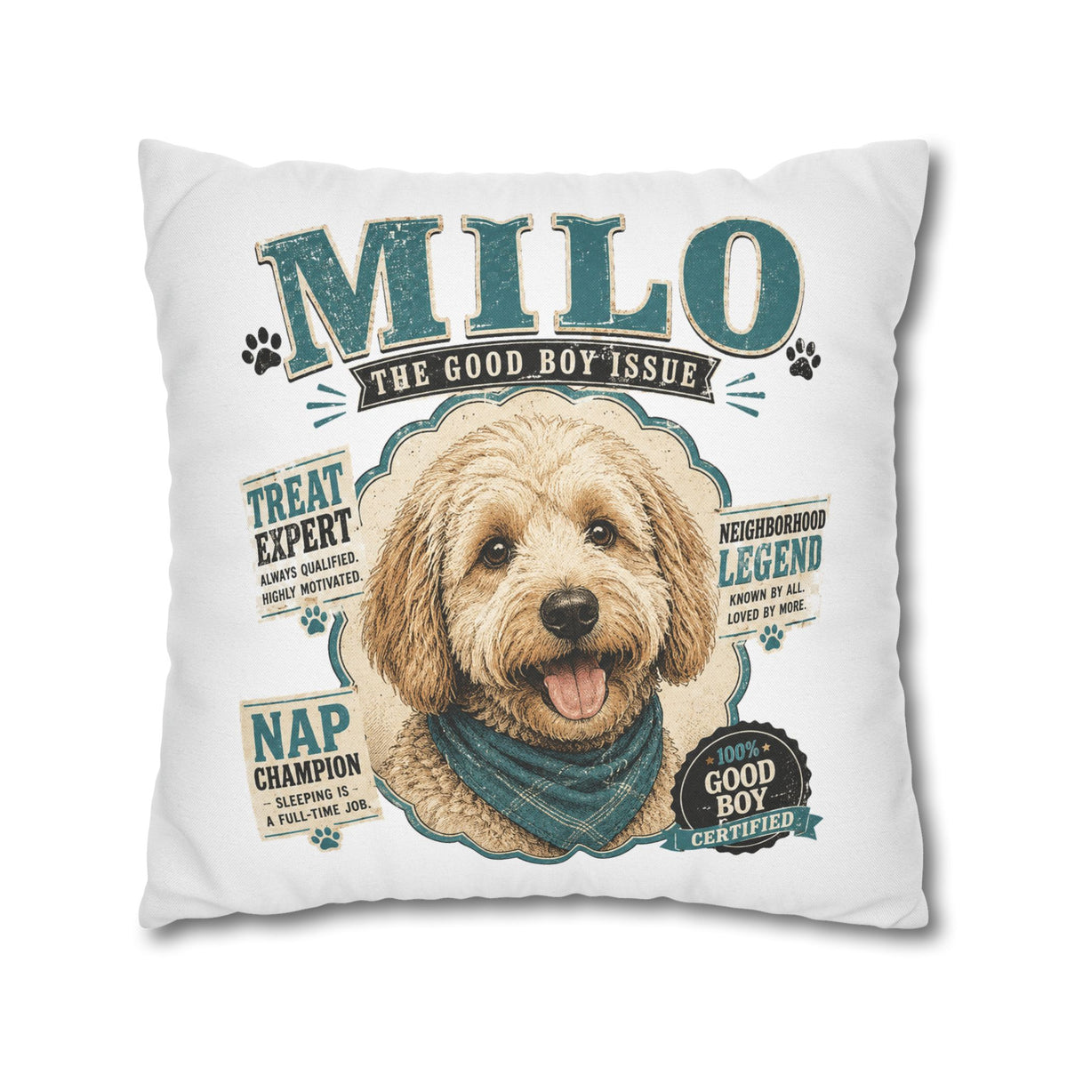 Milo 'The Good Boy Issue' Decorative Dog Pillowcase — Personalized Pet Name Cushion Cover Milo Bailey Dog Dad Mom