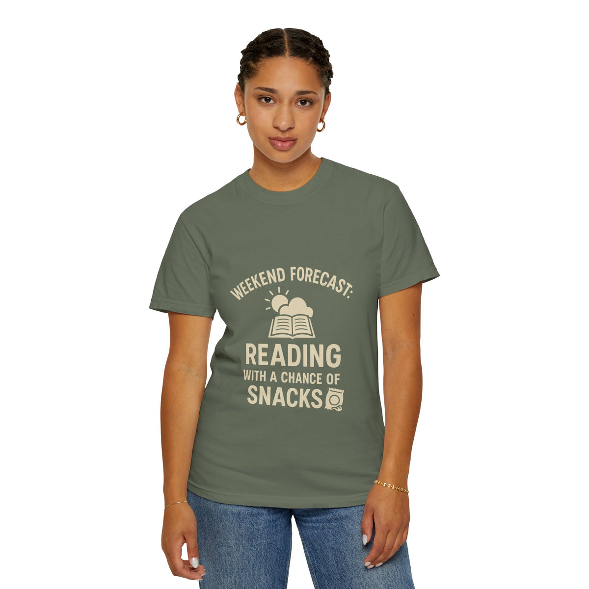 Reading & Snacks T-Shirt — "Weekend Forecast: Reading with a Chance of Snacks" - Trending Now - October 2026