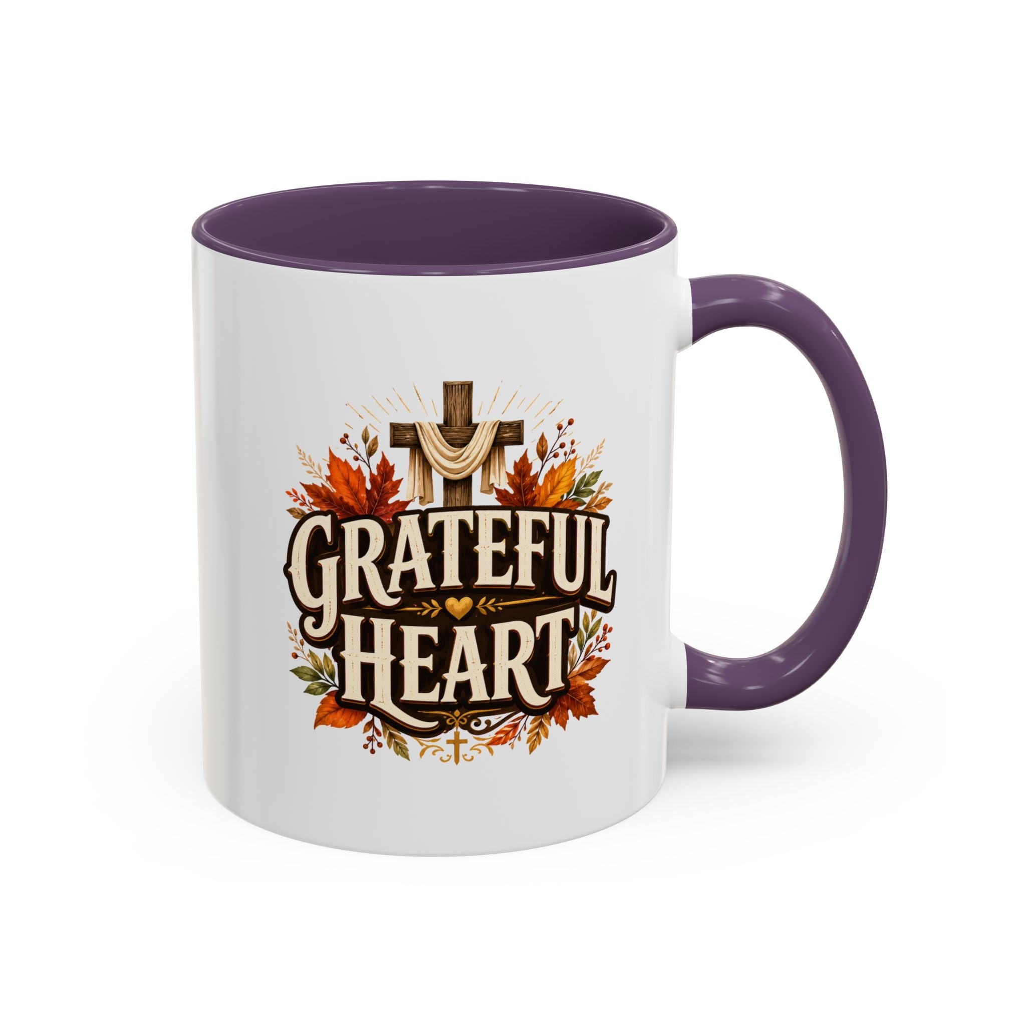 Thanksgiving Mug Grateful Heart Accent Coffee Mug – Autumn Leaves & Cross Spiritual Thanksgiving Gift