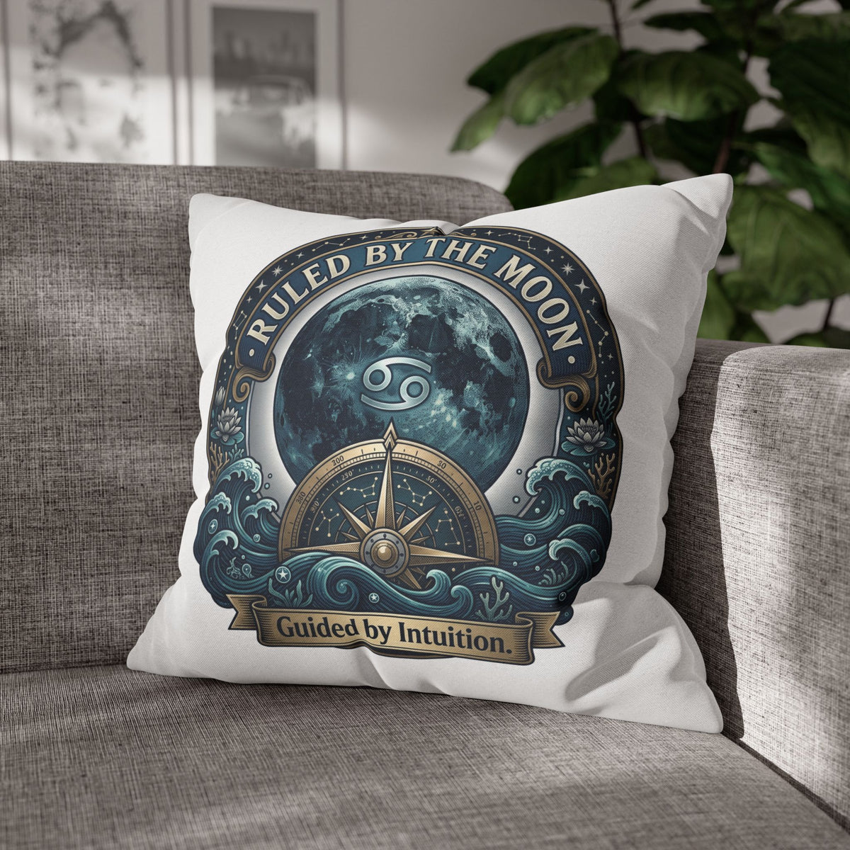Ruled by the Moon Cancer Zodiac Pillowcase — 'Guided by Intuition' Decorative Throw Pillow Cover