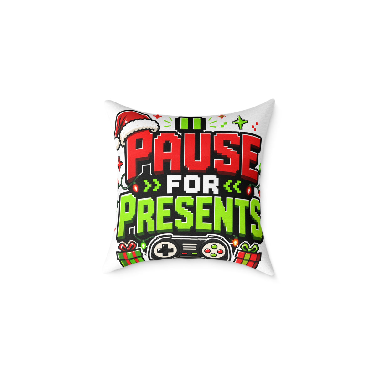 Modern Day Christmas Holiday Gamer Pillow — "Pause for Presents" Christmas Gaming Throw Pillow