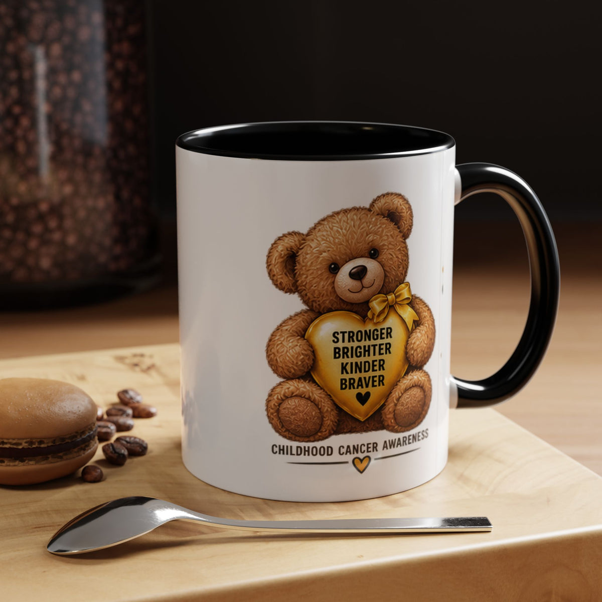 Childhood Cancer Awareness Coffee Mug — 'Stronger Brighter Kinder Braver' Teddy