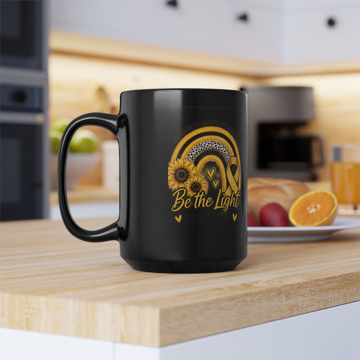 Be the Light Yellow Ribbon Sunflower Mug —Childhood Cancer  Inspirational Black Coffee Cup (11oz, 15oz)