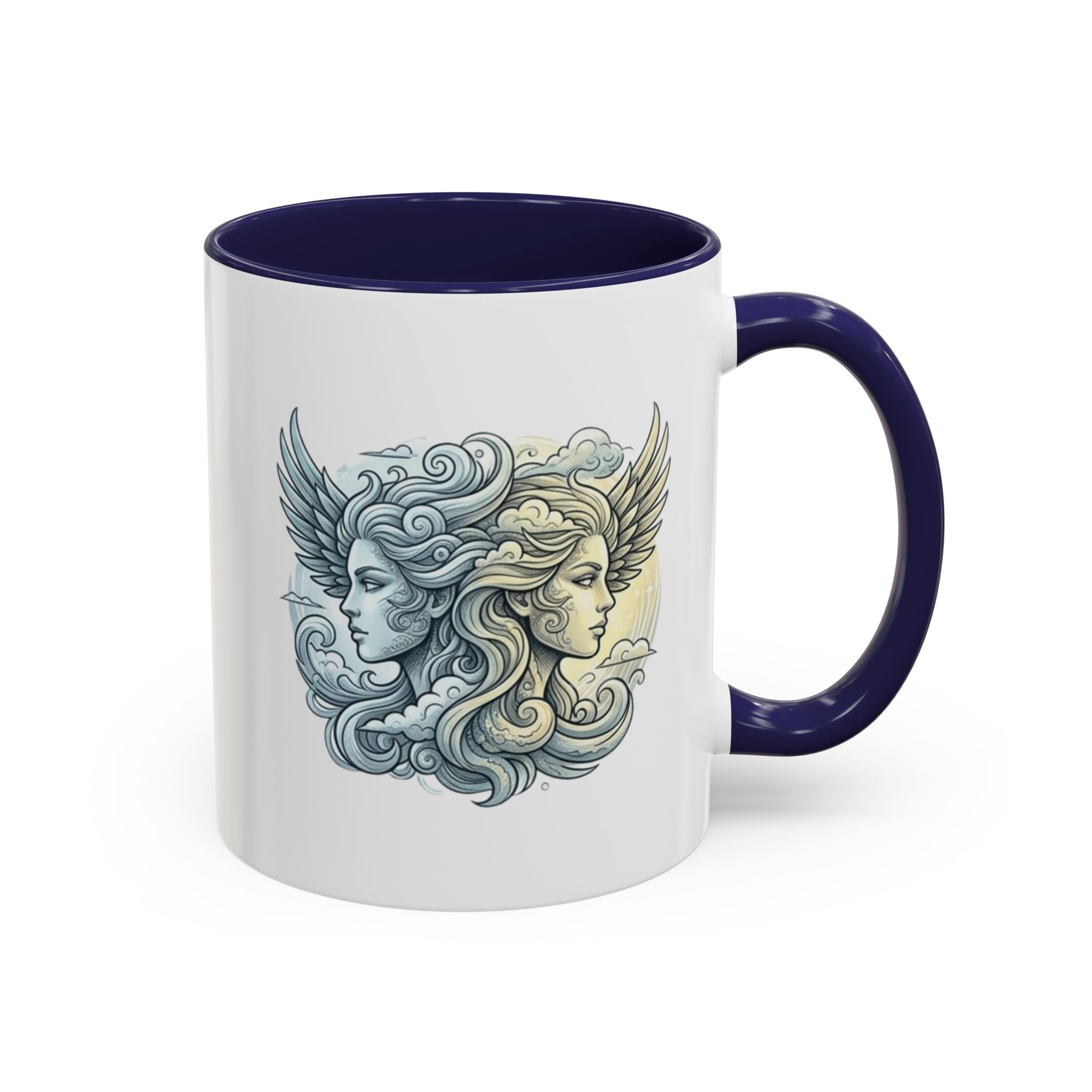 Gemini Twins Accent Coffee Mug — Sun & Moon Winged Faces Illustration
