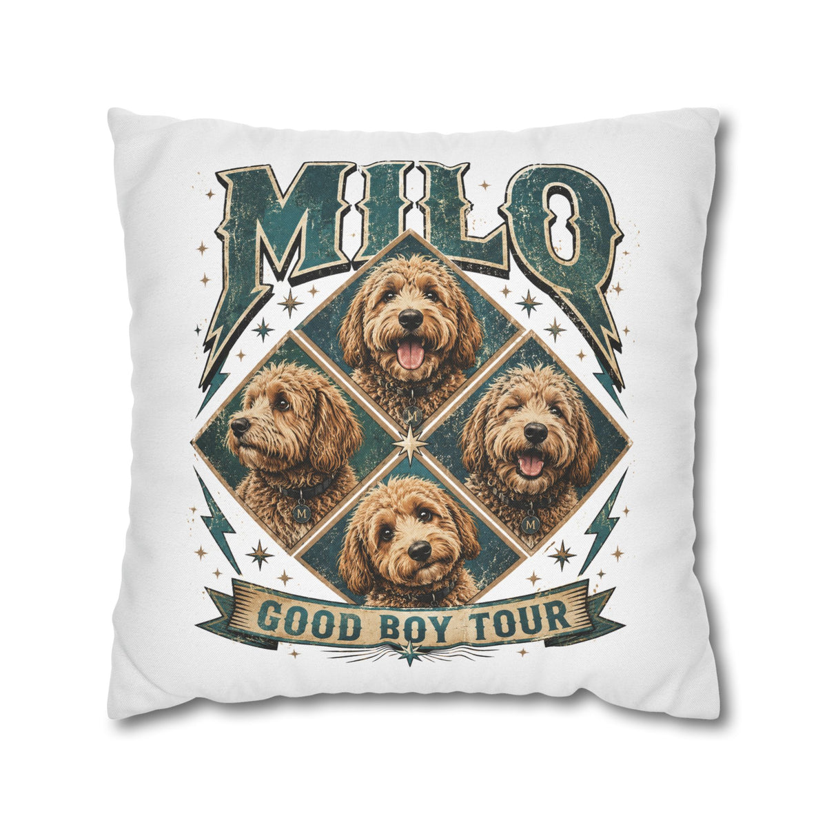 Milo “Good Boy Tour” Dog Photo Square Pillowcase Milo Bailey Dog Dad Mom