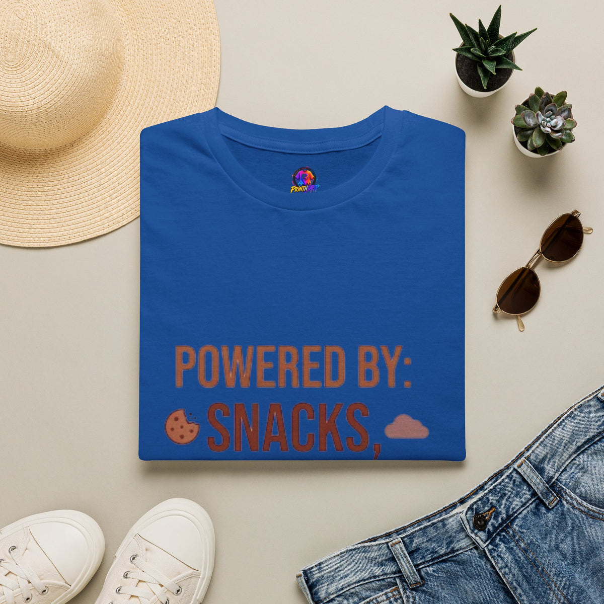 Powered By: Snacks, Naps & Stubbornness T-Shirt — Funny Casual Graphic Tee