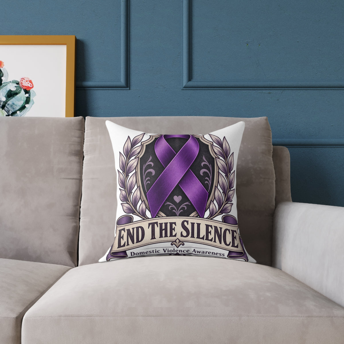 End the Silence Purple Ribbon Square Pillow - Domestic Violence Awareness Throw Pillow