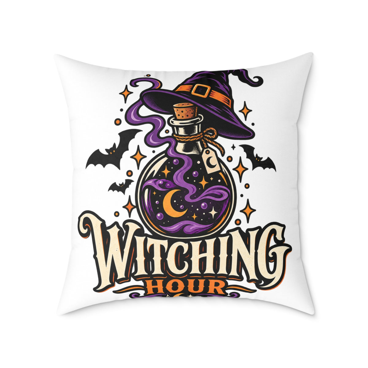 Witching Hour Halloween Decorative Pillow — Witch Hat & Potion Bottle Design