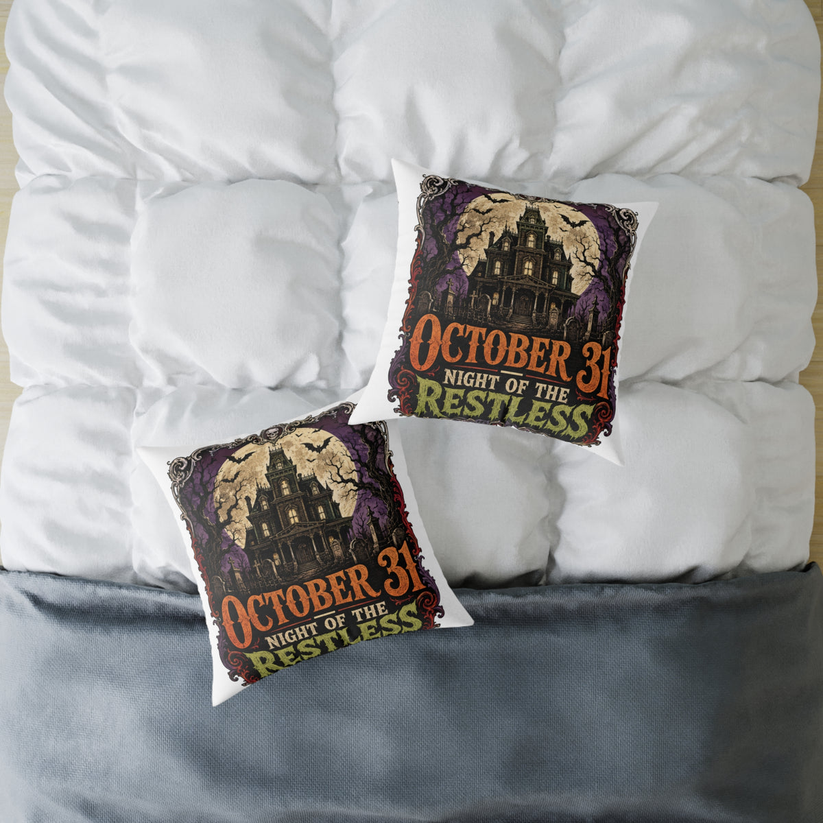 Halloween Haunted House Pillow — "October 31 Night of the Restless" Square Canvas Throw Pillow