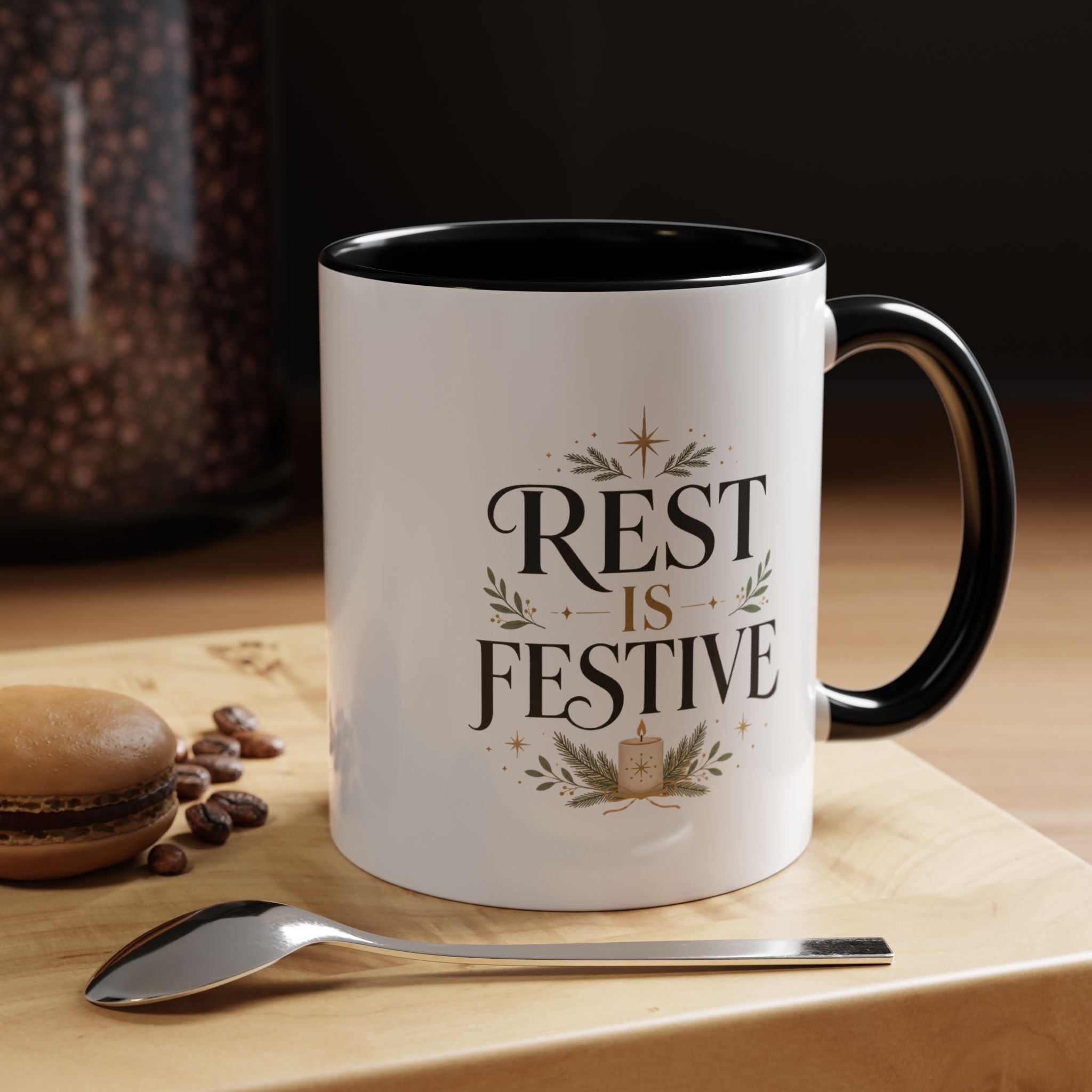 Modern Day Christmas Rest Is Festive Coffee Mug — Holiday Floral Accent
