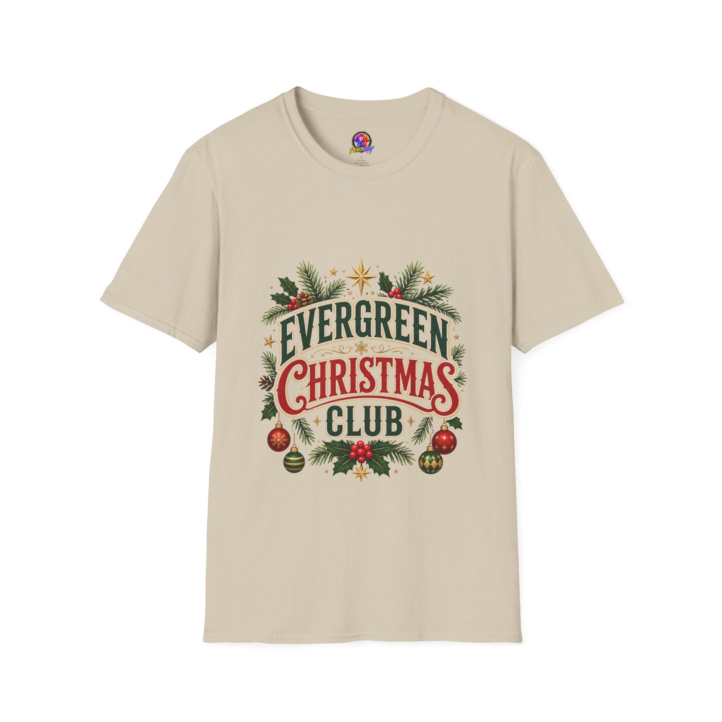 Evergreen Christmas Club T-Shirt — Vintage Holiday Pine & Ornaments Tee