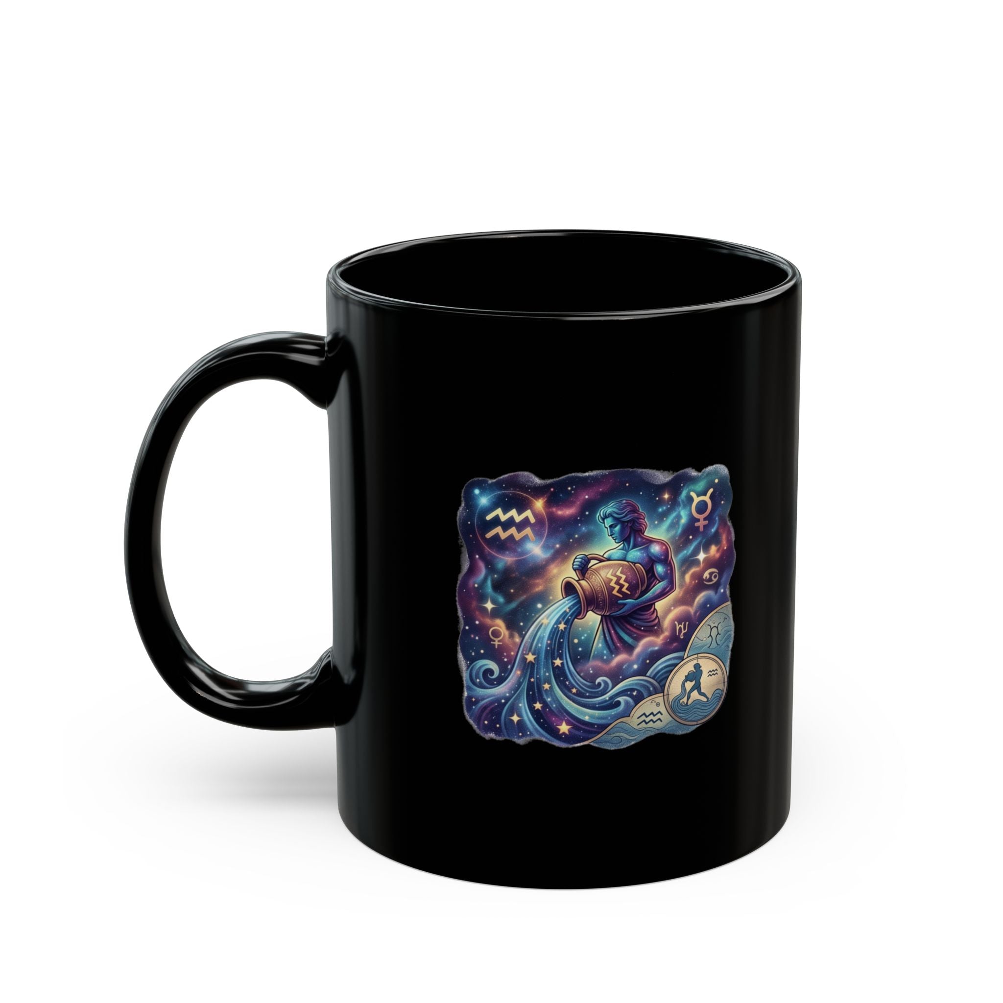 Zodiac Aquarius Black Coffee Mug — Celestial Astrology Art