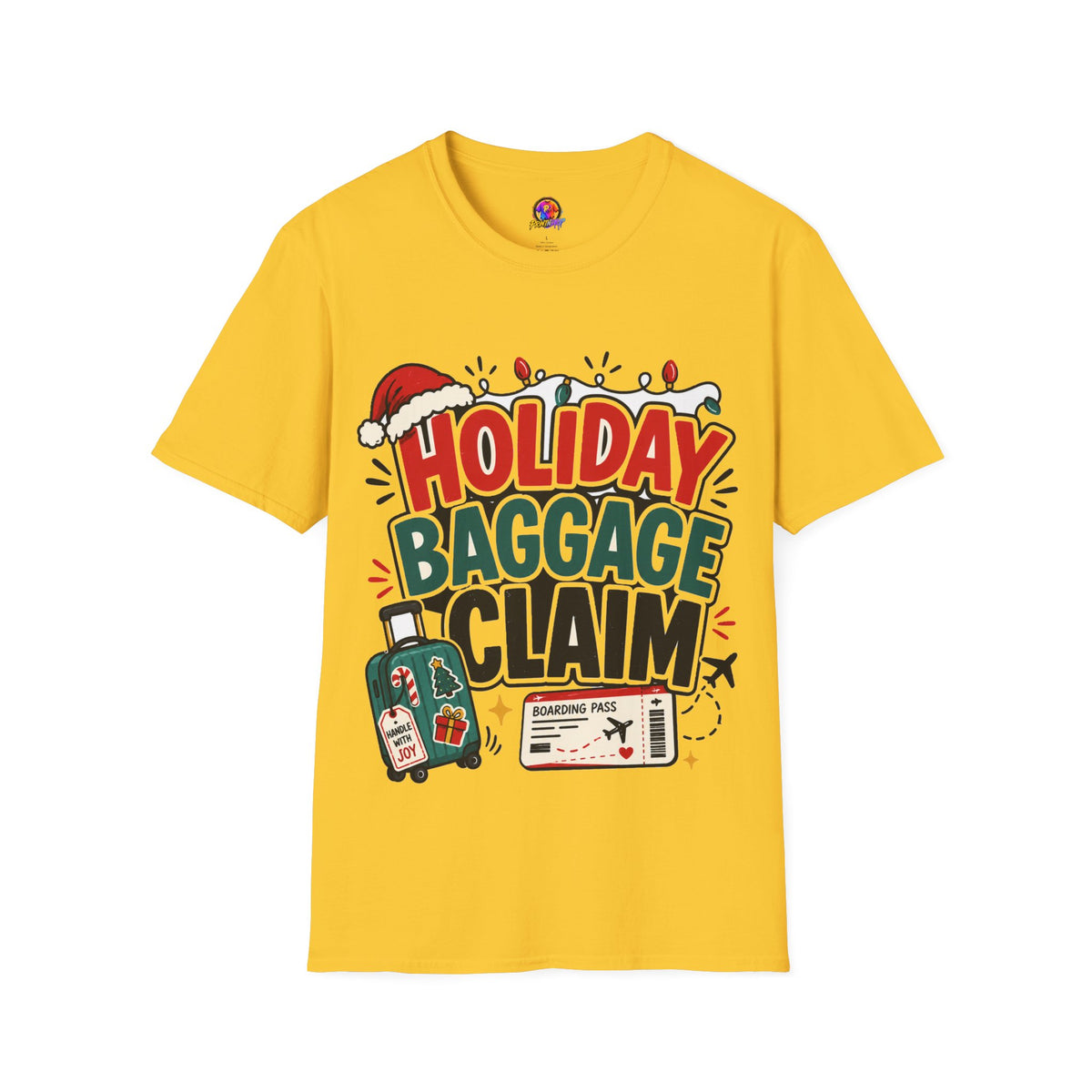 Holiday Baggage Claim T-Shirt — Funny Christmas Vacation Tee with Santa Hat & Lights