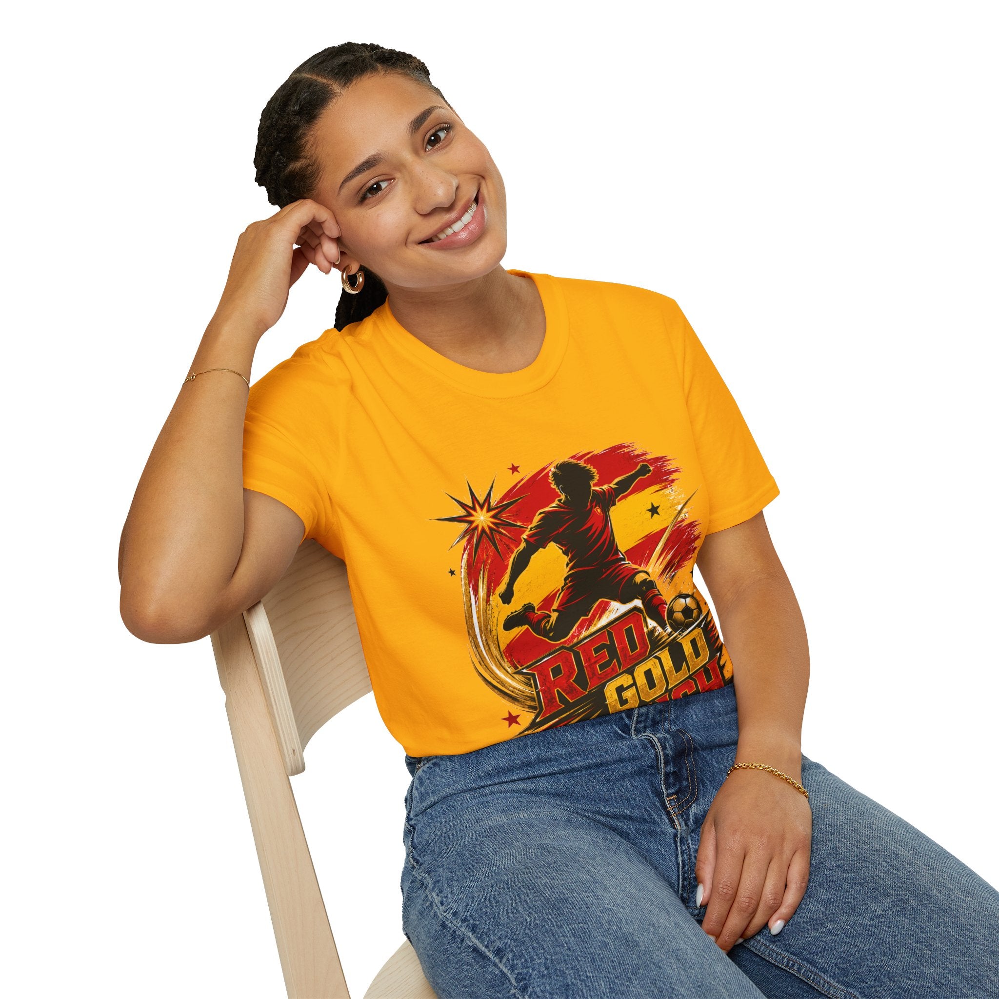 Spain Red & Gold Rush Soccer T-Shirt — Retro Soccer Player Graphic