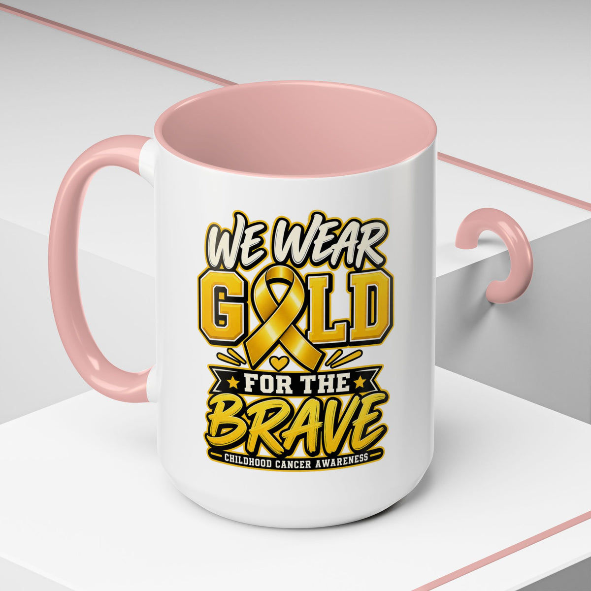 Childhood Cancer Awareness Accent Coffee Mug – "We Wear Gold for the Brave" (11/15 oz)