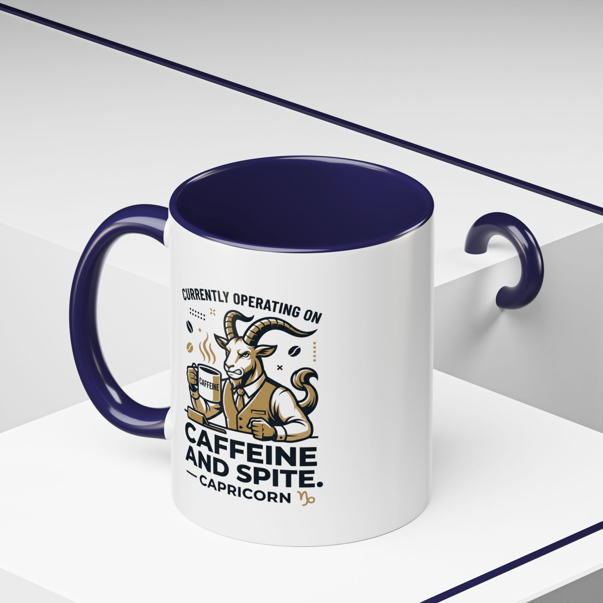 Capricorn Coffee Mug — “Currently Operating on Caffeine and Spite” Accent Mug (11/15oz)