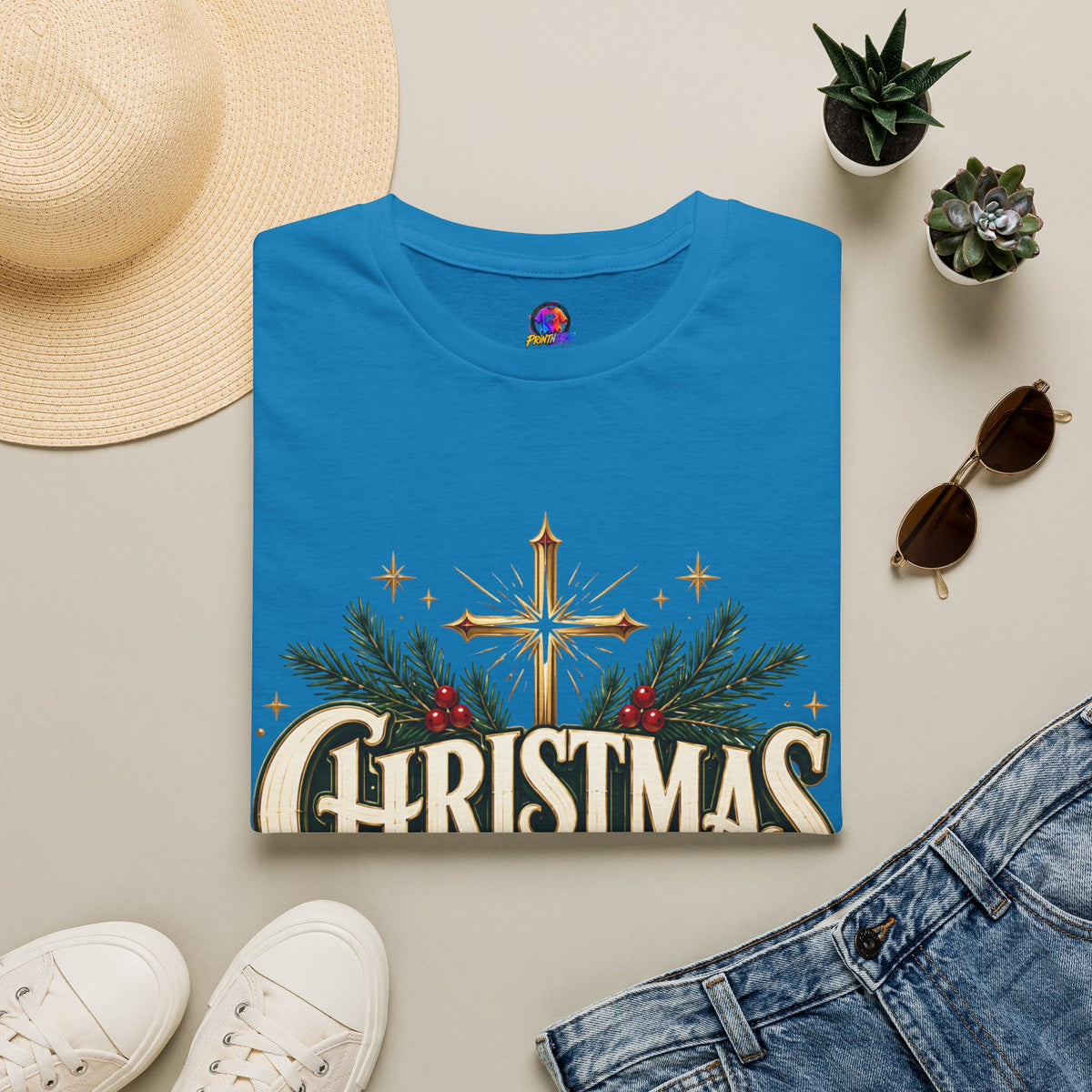 Christmas Blessed T-Shirt — Faith-Based Holiday Tee with Cross & Pine Design