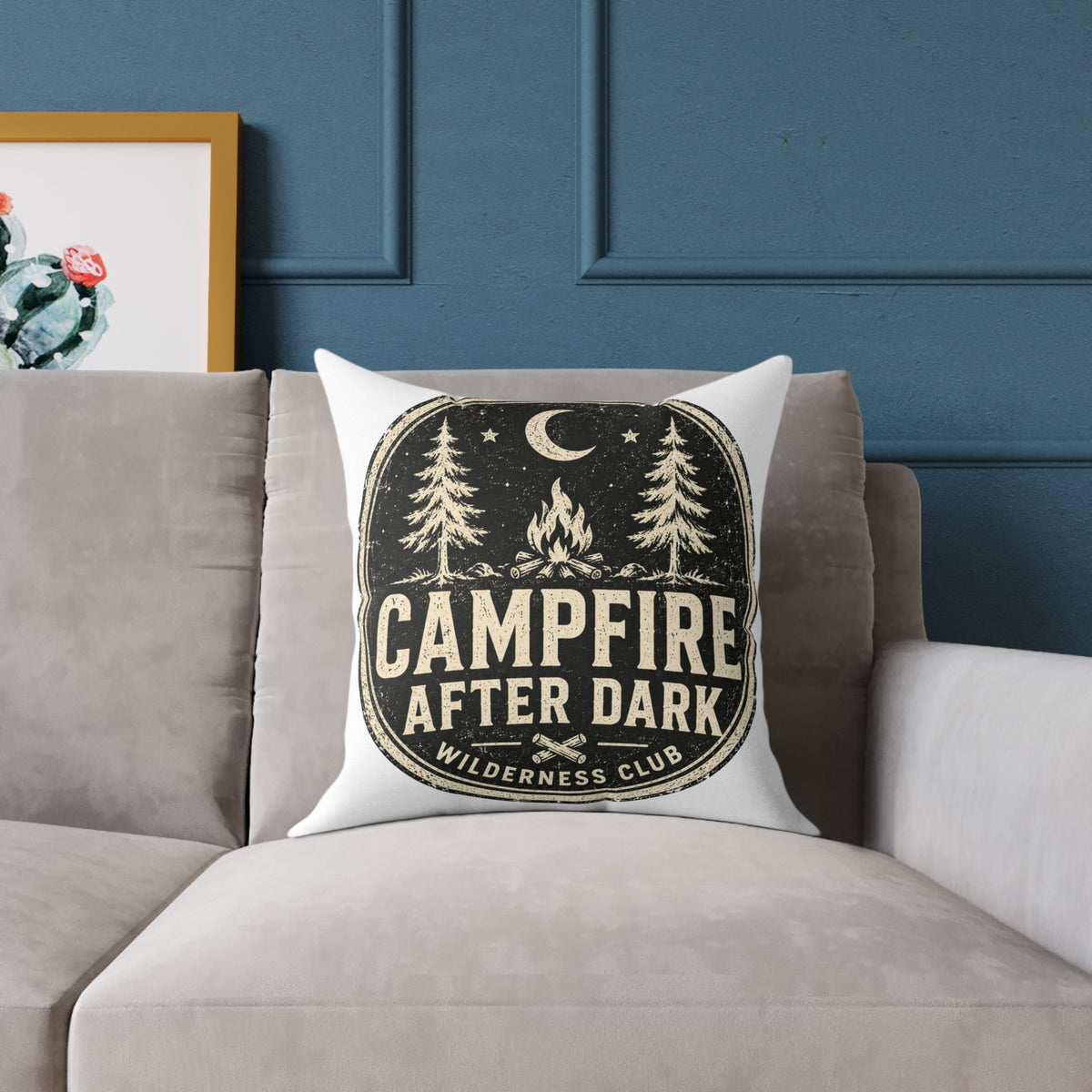 Campfire After Dark Decorative Pillow  Milo Bailey Dog Dad Mom— Retro Wilderness Camping Throw Pillow