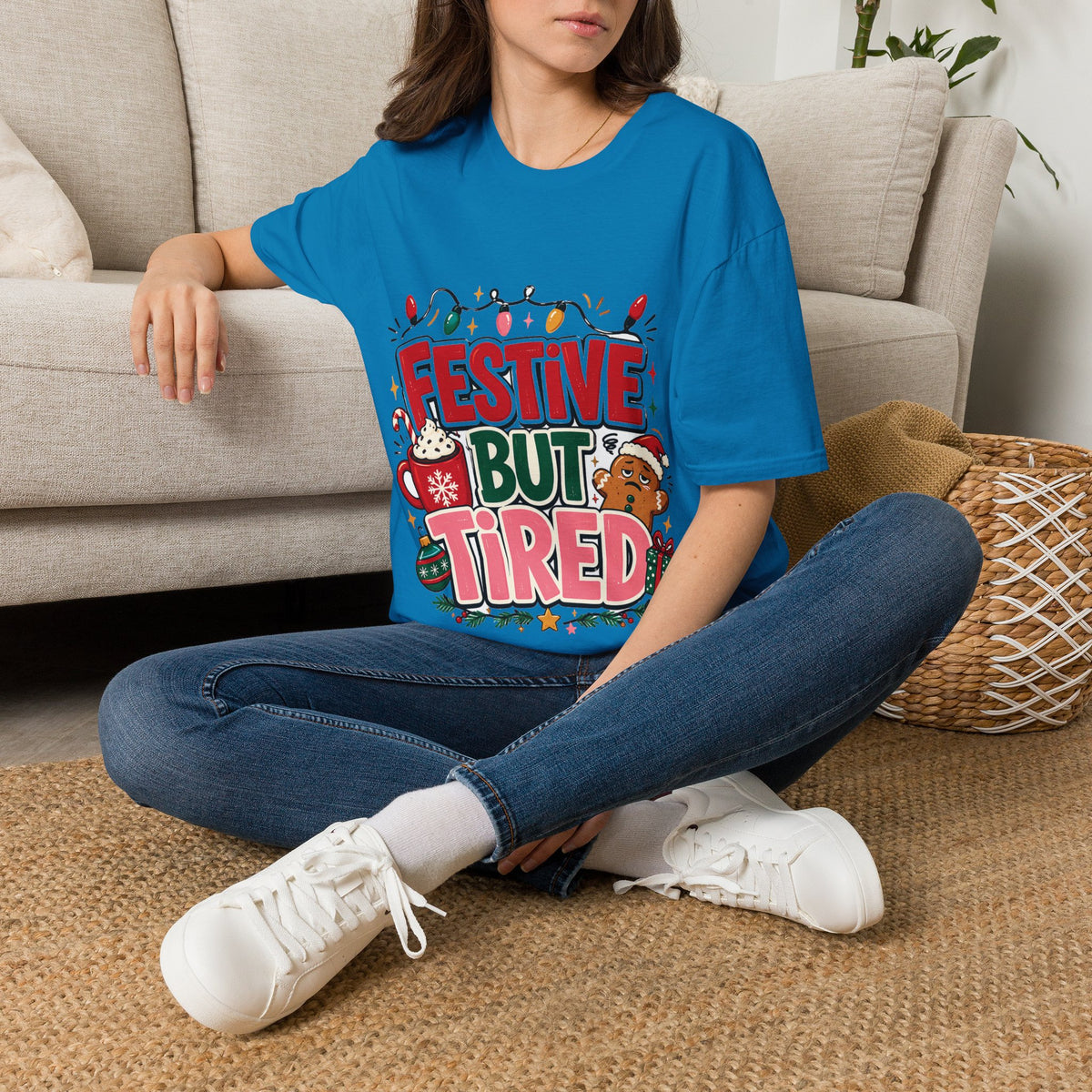 Festive But Tired T-Shirt — Holiday Christmas Crew Tee with Lights & Gingerbread