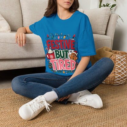 Festive But Tired T-Shirt — Holiday Christmas Crew Tee with Lights & Gingerbread