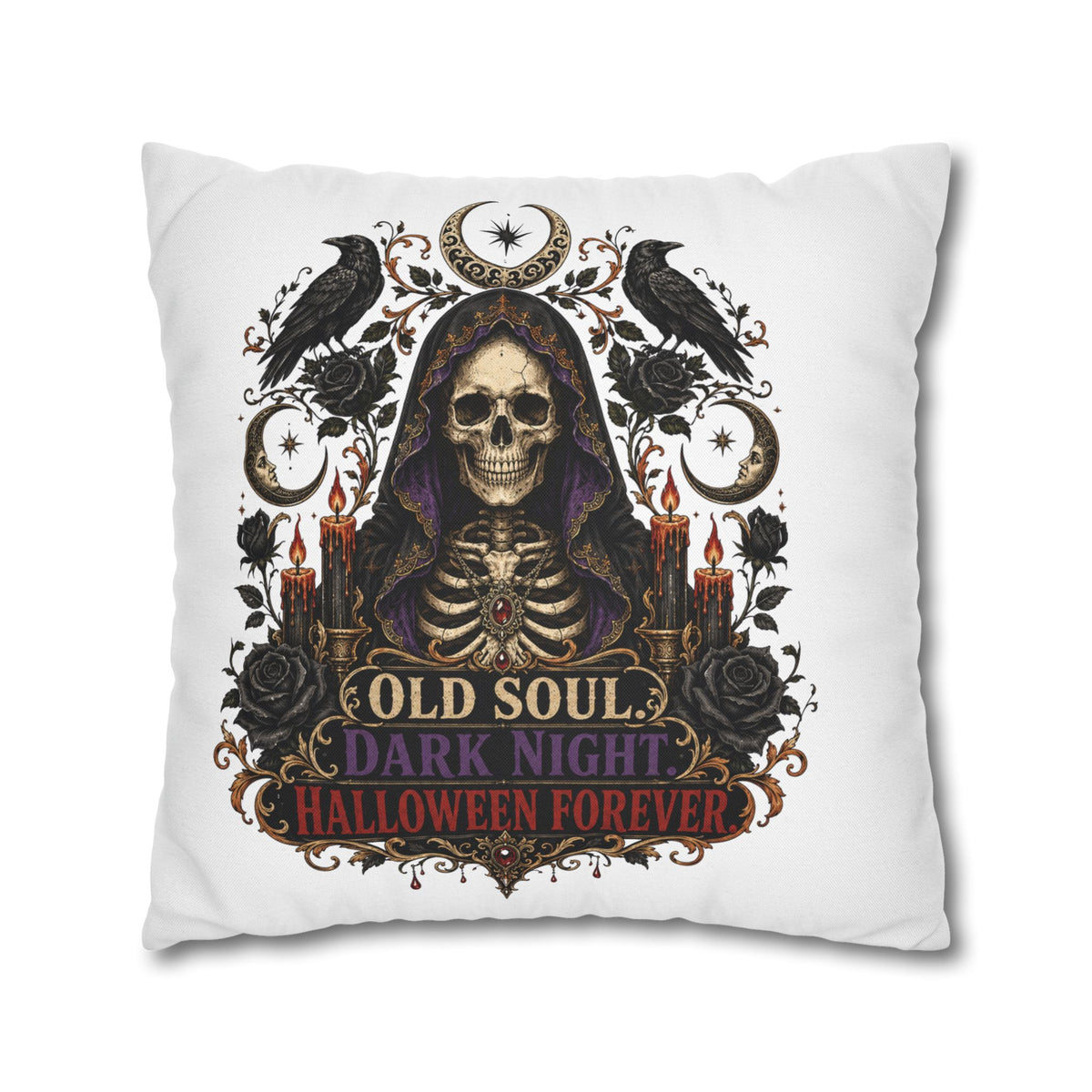Halloween Skull Pillowcase — "Old Soul Dark Night" Spun Polyester Square Pillow