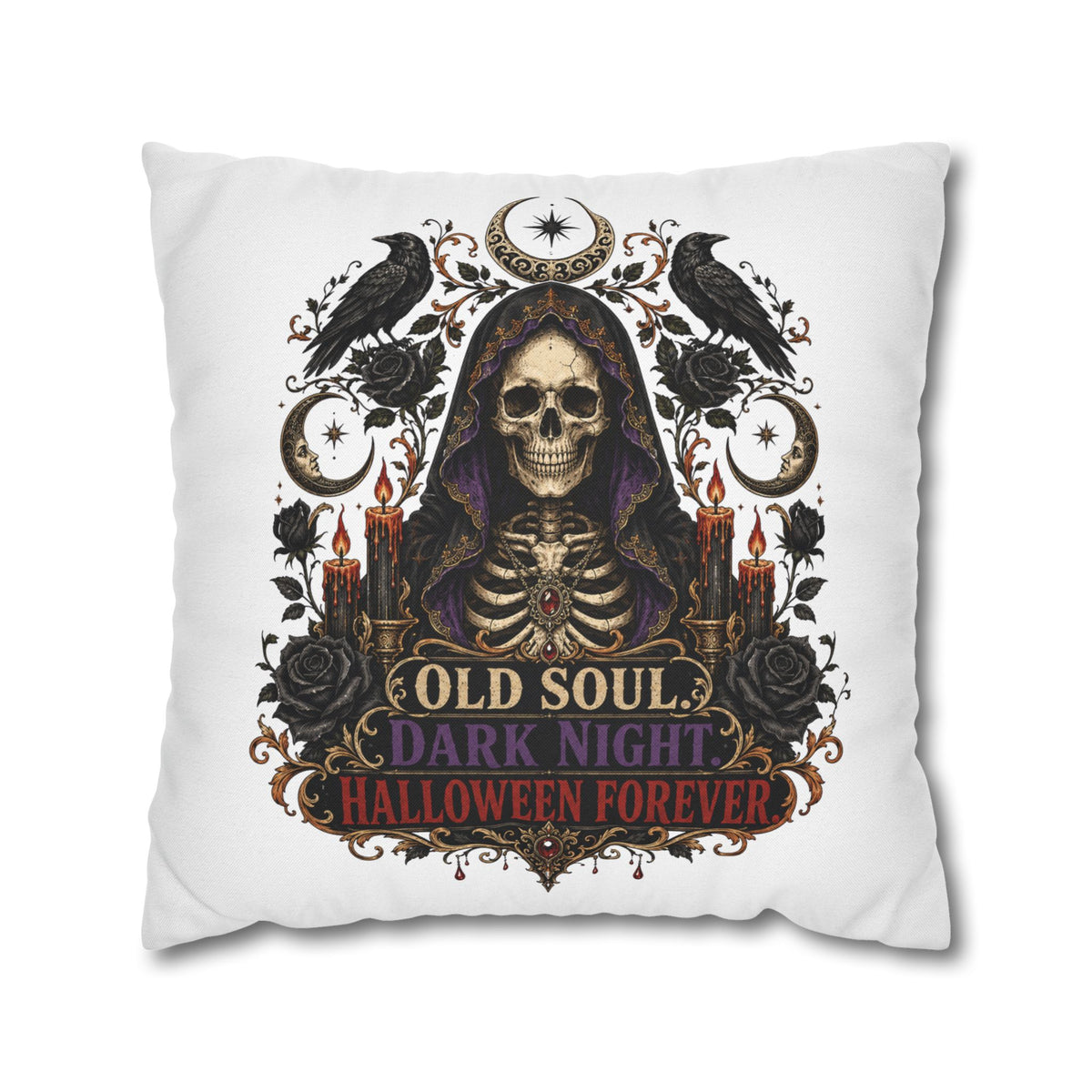 Halloween Skull Pillowcase — "Old Soul Dark Night" Spun Polyester Square Pillow