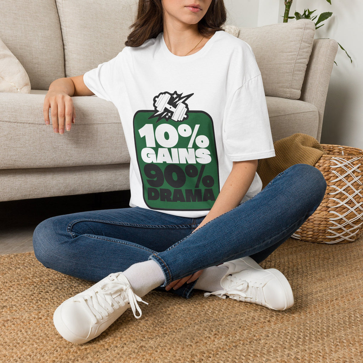 10% Gains 90% Drama Green Badge T-Shirt - Retro Gym Block Graphic Tee - Trending Now - September 2026