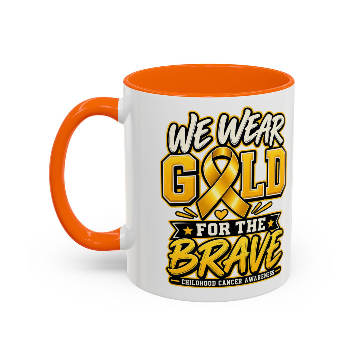Childhood Cancer Awareness Accent Coffee Mug – "We Wear Gold for the Brave" (11/15 oz)