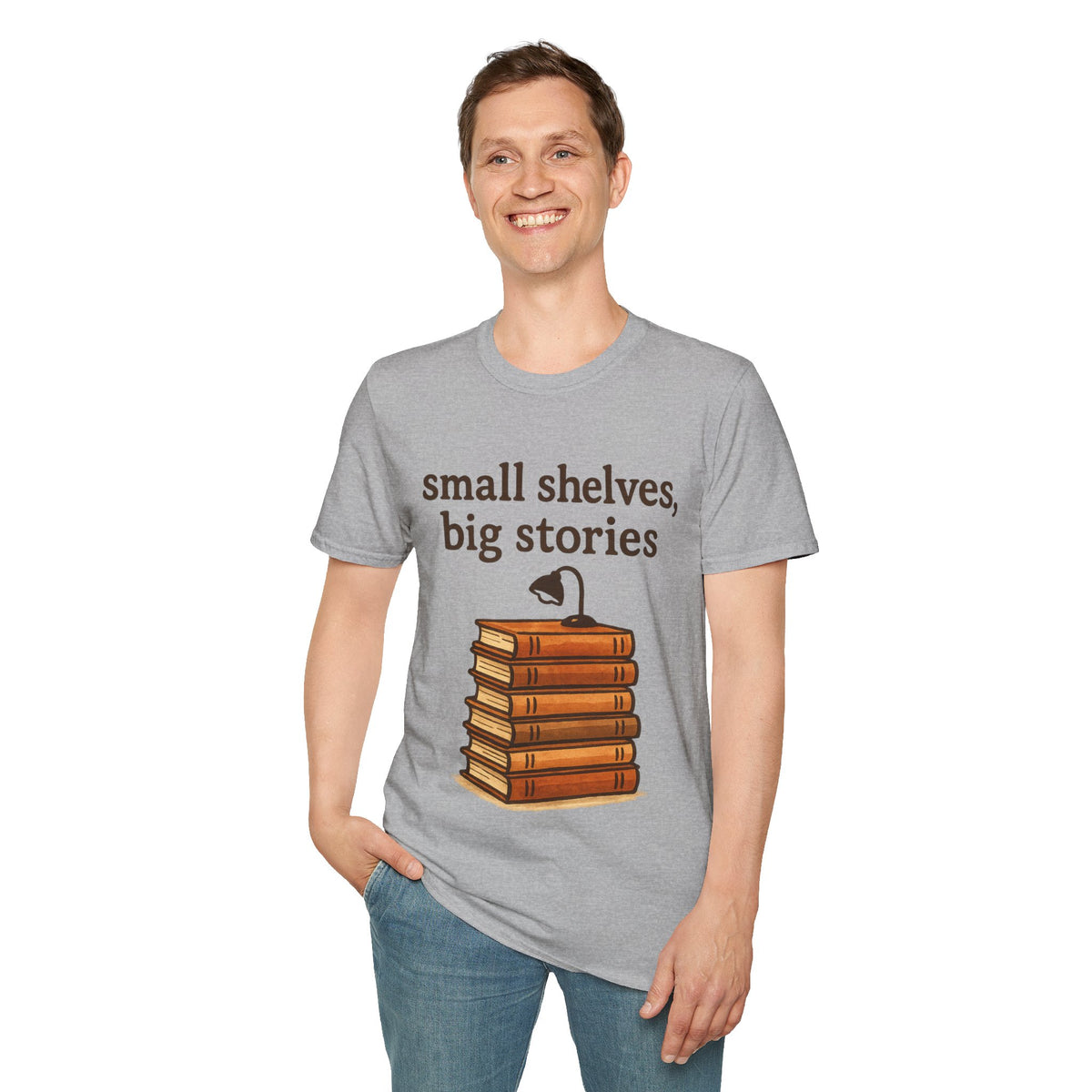 "Small Shelves, Big Stories" Cute Book Stack Tee - Aesthetic Bookworm Bookish White T-Shirt - Trending Now - September 2026