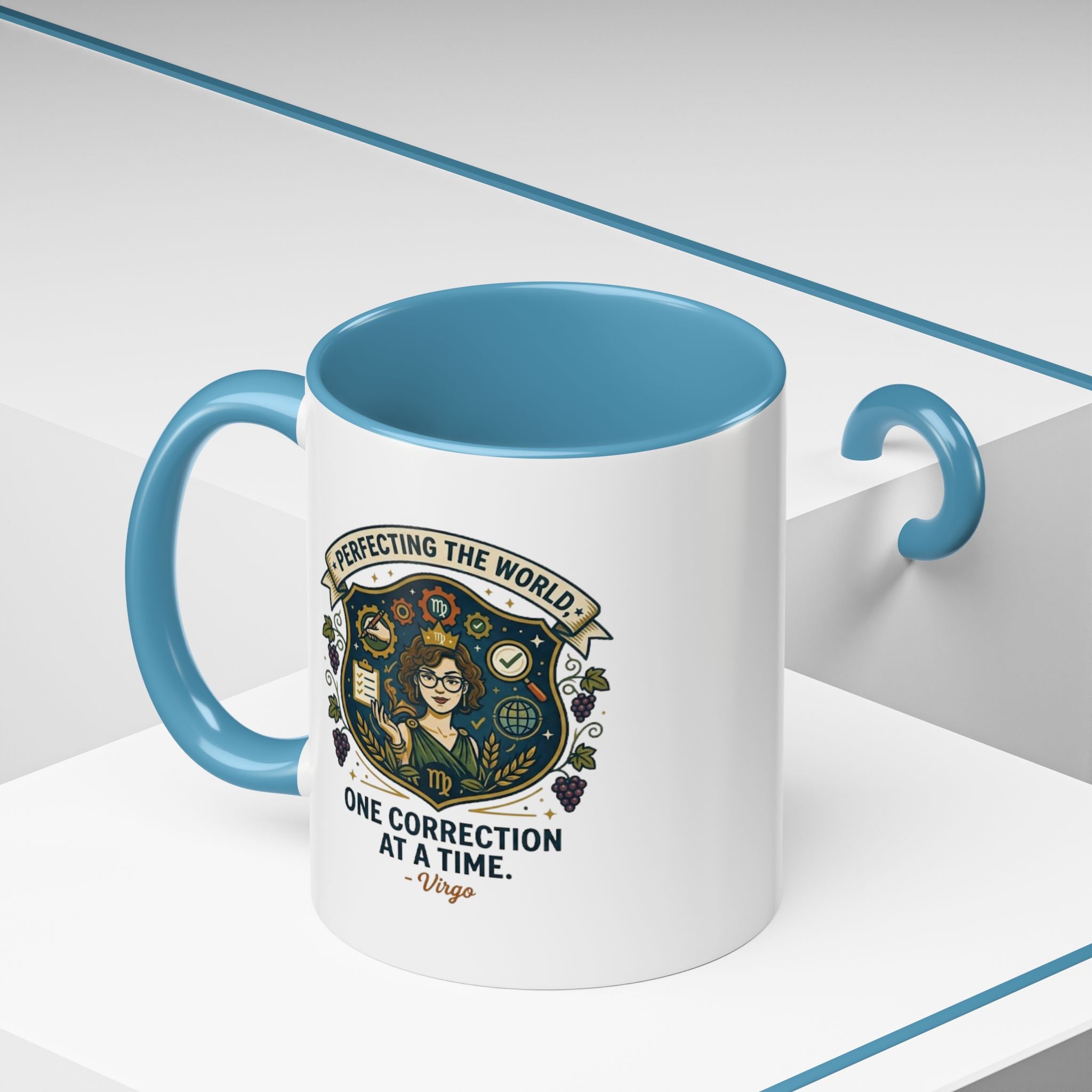 Virgo Coffee Mug — "Perfecting the World: One Correction at a Time" Accent Astrology Gift
