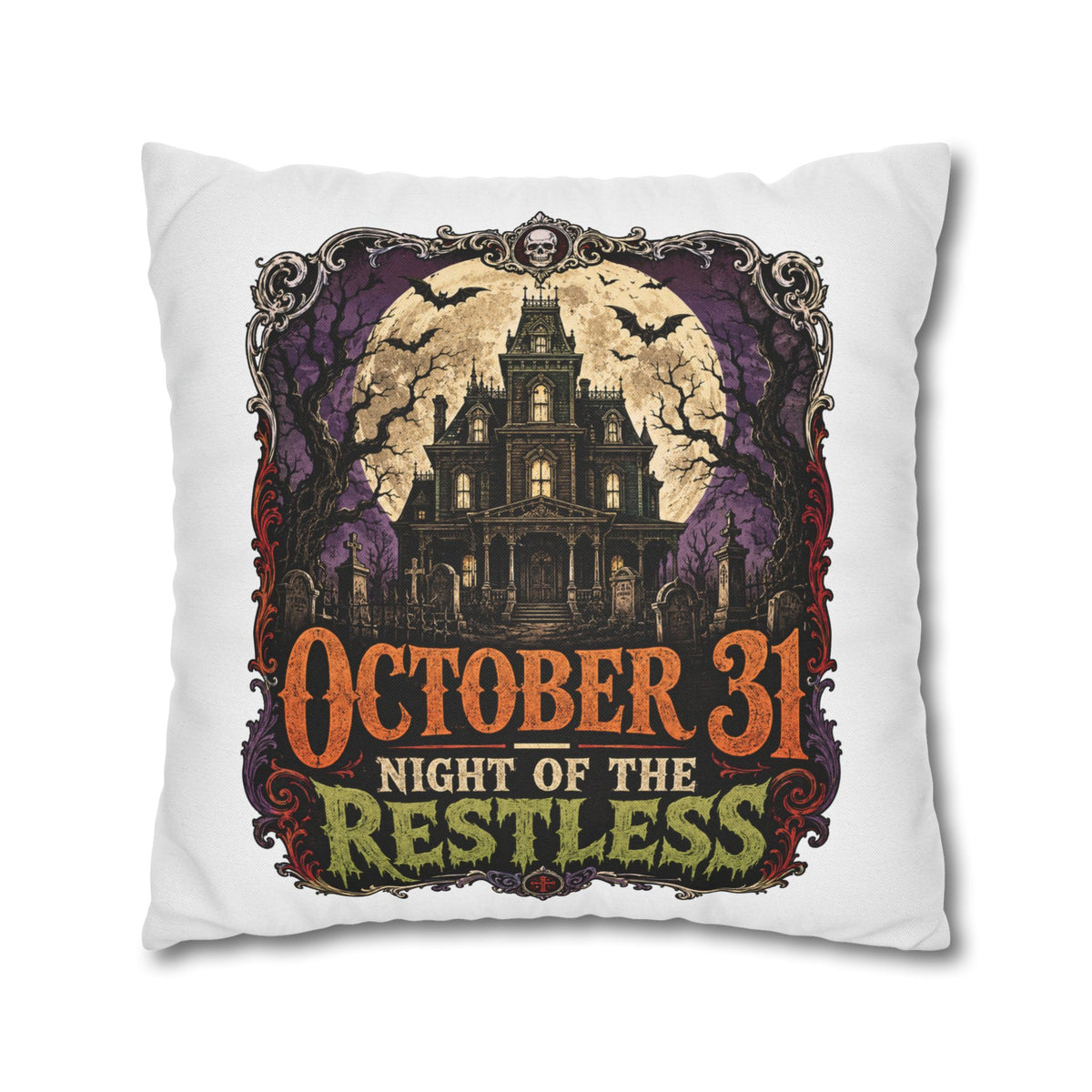 Halloween Pillowcase — "October 31 Night of the Restless" Haunted House Throw Pillow