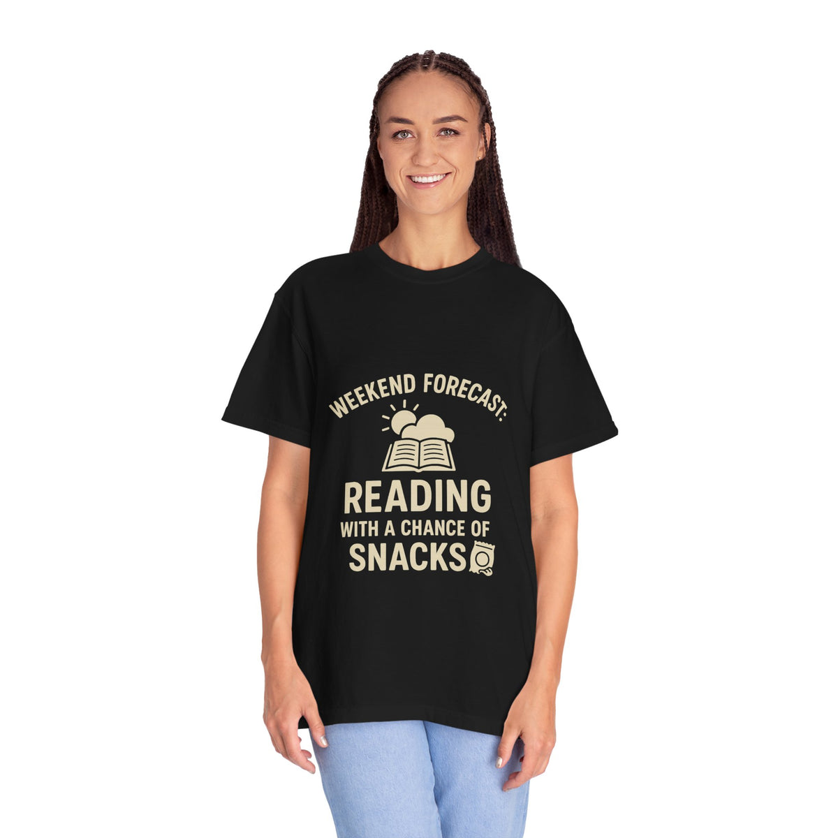 Reading & Snacks T-Shirt — "Weekend Forecast: Reading with a Chance of Snacks" - Trending Now - October 2026
